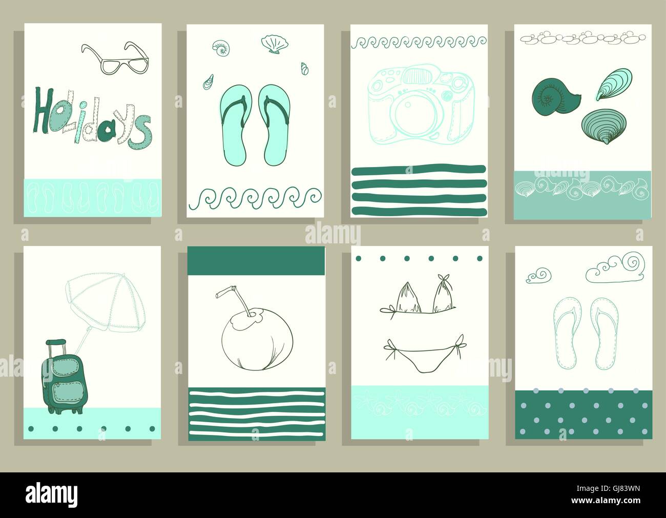 Gruß Kartensatz niedliche Retro-Meer-Objekte-Sammlung. Stock Vektor