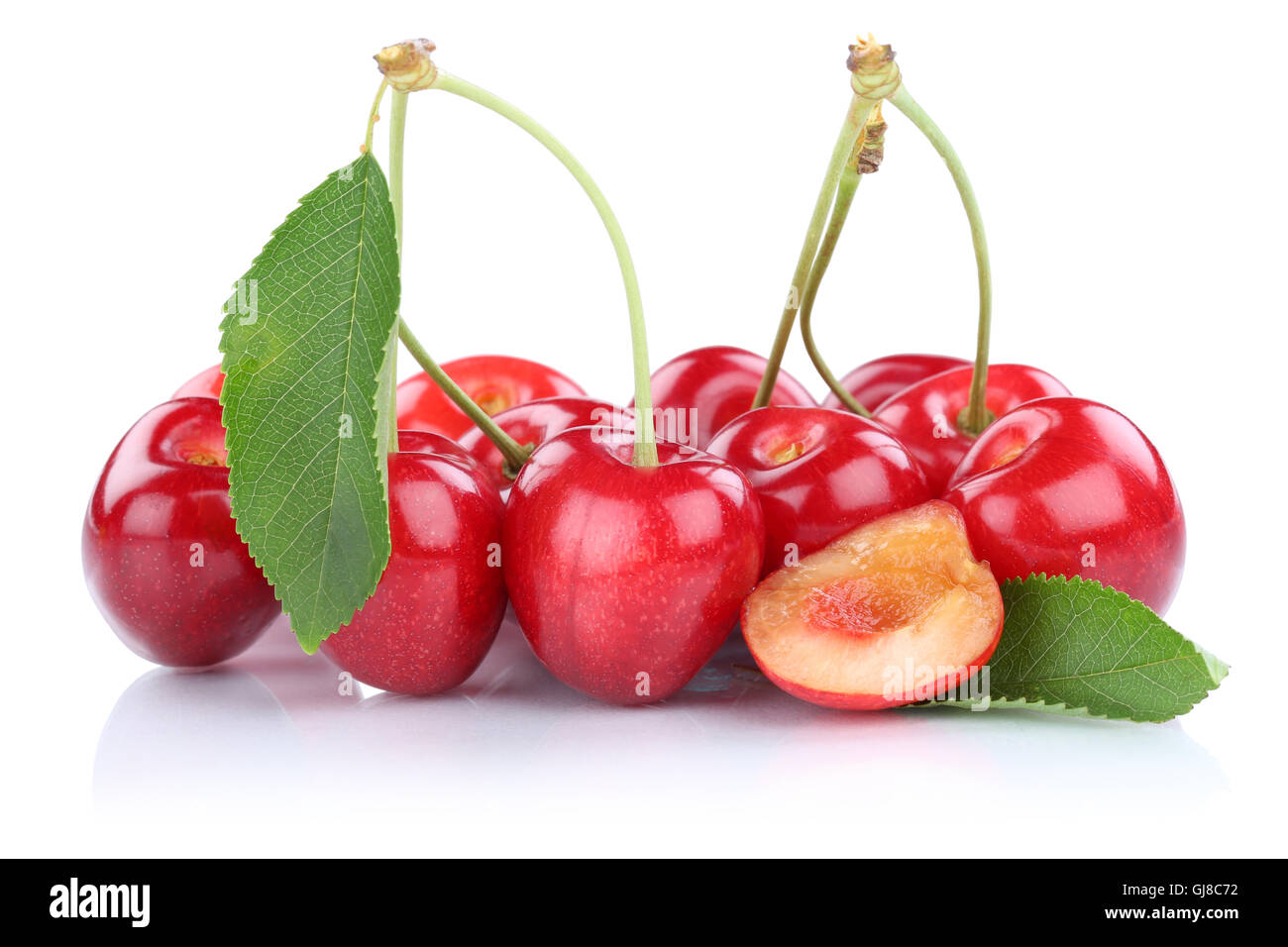 Kirschen Kirschen Obst Obst isoliert auf weißem Hintergrund Stockfoto