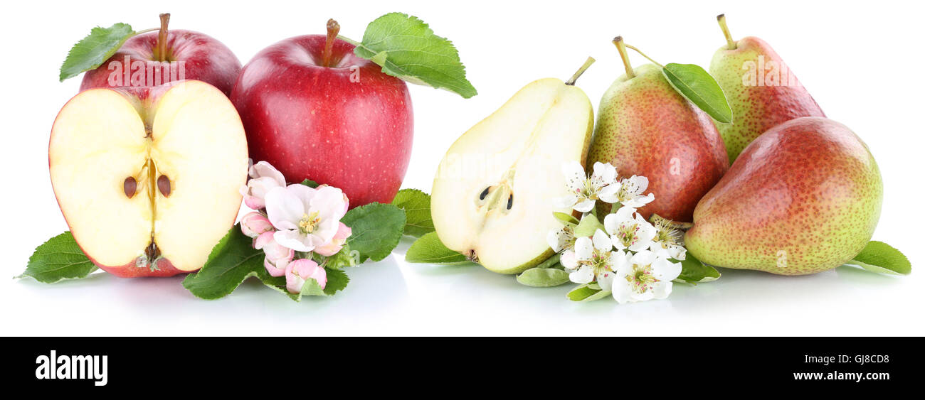 Äpfel und Birnen Äpfel Birnen rote Früchte Scheibe isoliert auf weiss Stockfoto
