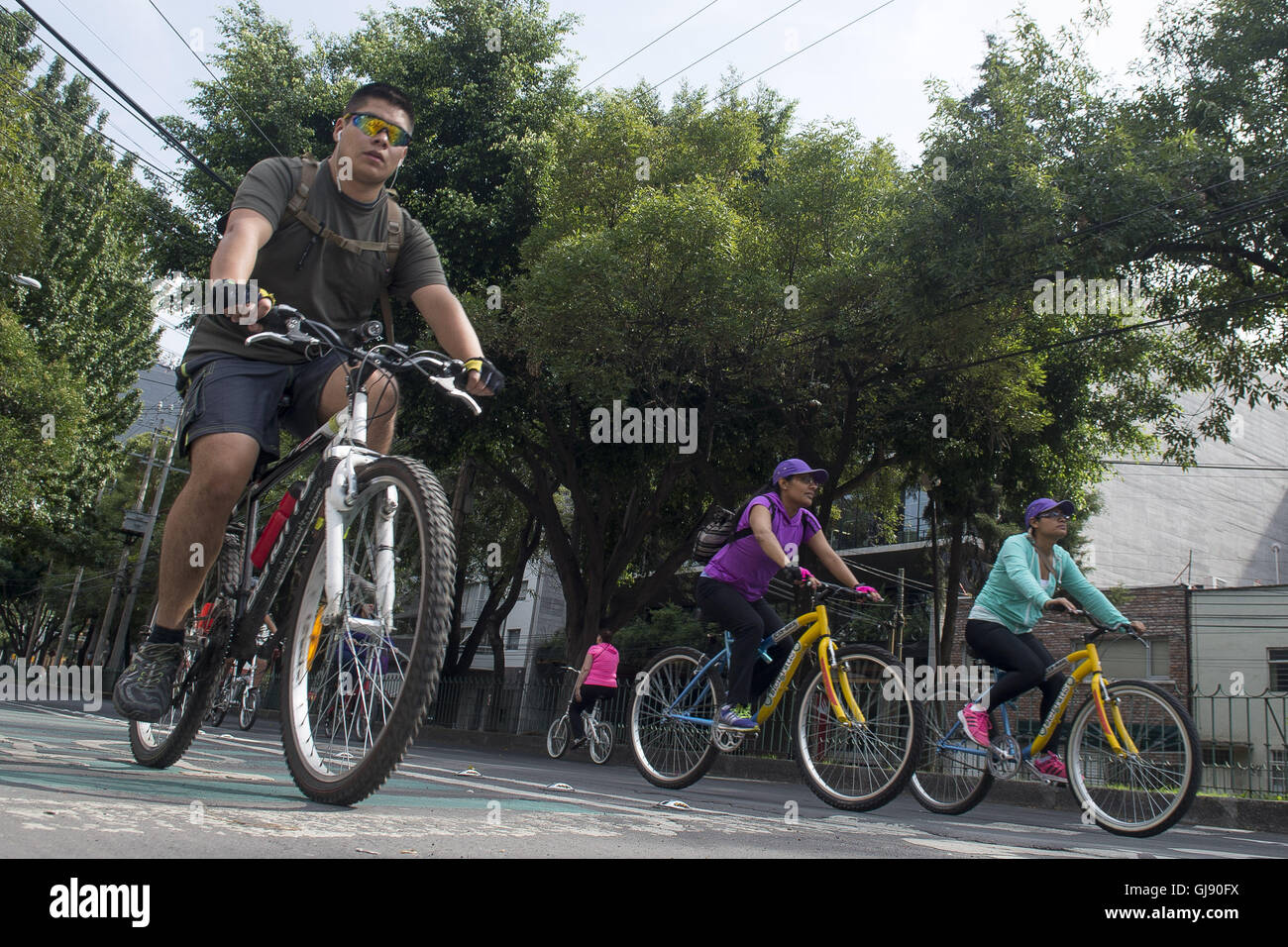 Mexiko-Stadt, Mexiko-Stadt, MX. 14. August 2016. Für jede Woche eines Morgens regieren Menschen auf dem Fahrrad und zu Fuß die Straßen von Mexiko-Stadt. Die offizielle Muévete En Bici (Bewegung mit dem Fahrrad) Veranstaltung seit 2008 geht aber war vor kurzem auf ausgeweitet, 35 Meilen (55 km) der Straßen der Stadt. © Joel Alvarez/ZUMA Draht/Alamy Live-Nachrichten Stockfoto