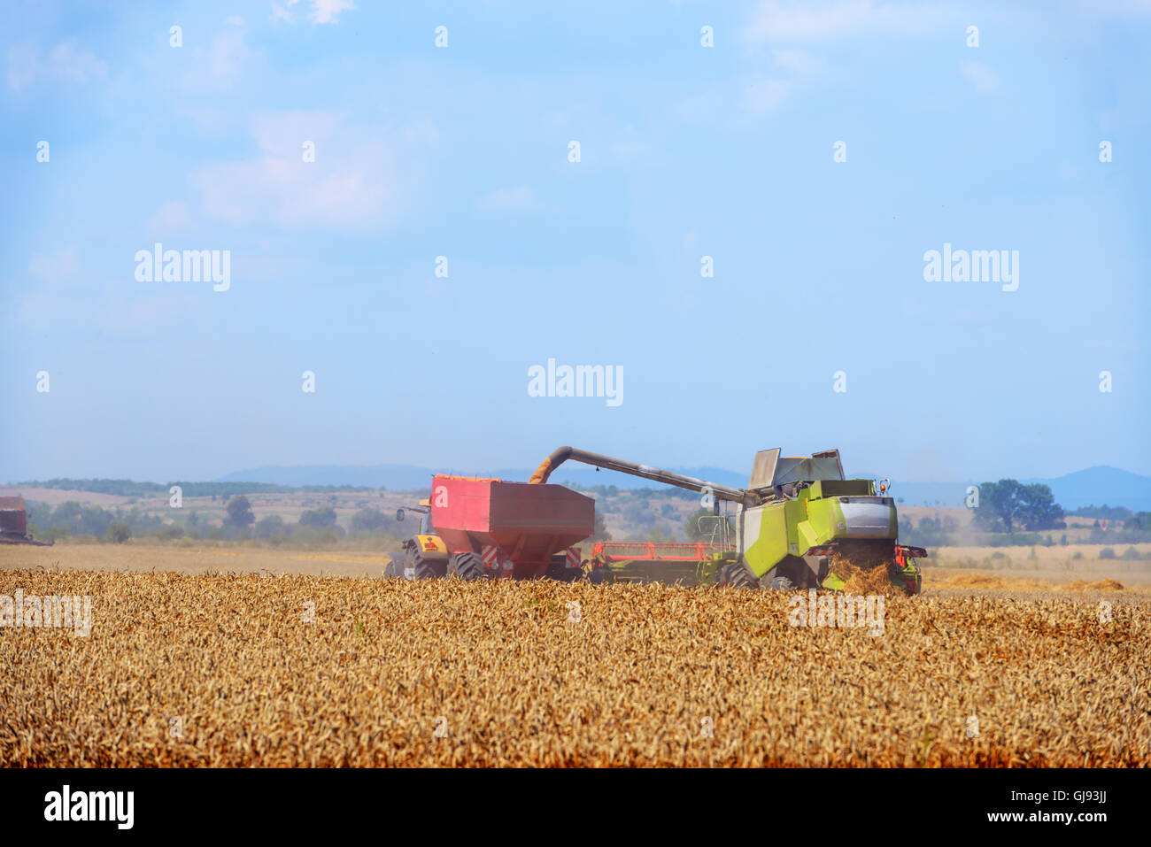 Erstaunliche Ländliches Motiv auf Herbst Feld mit harvester Stockfoto