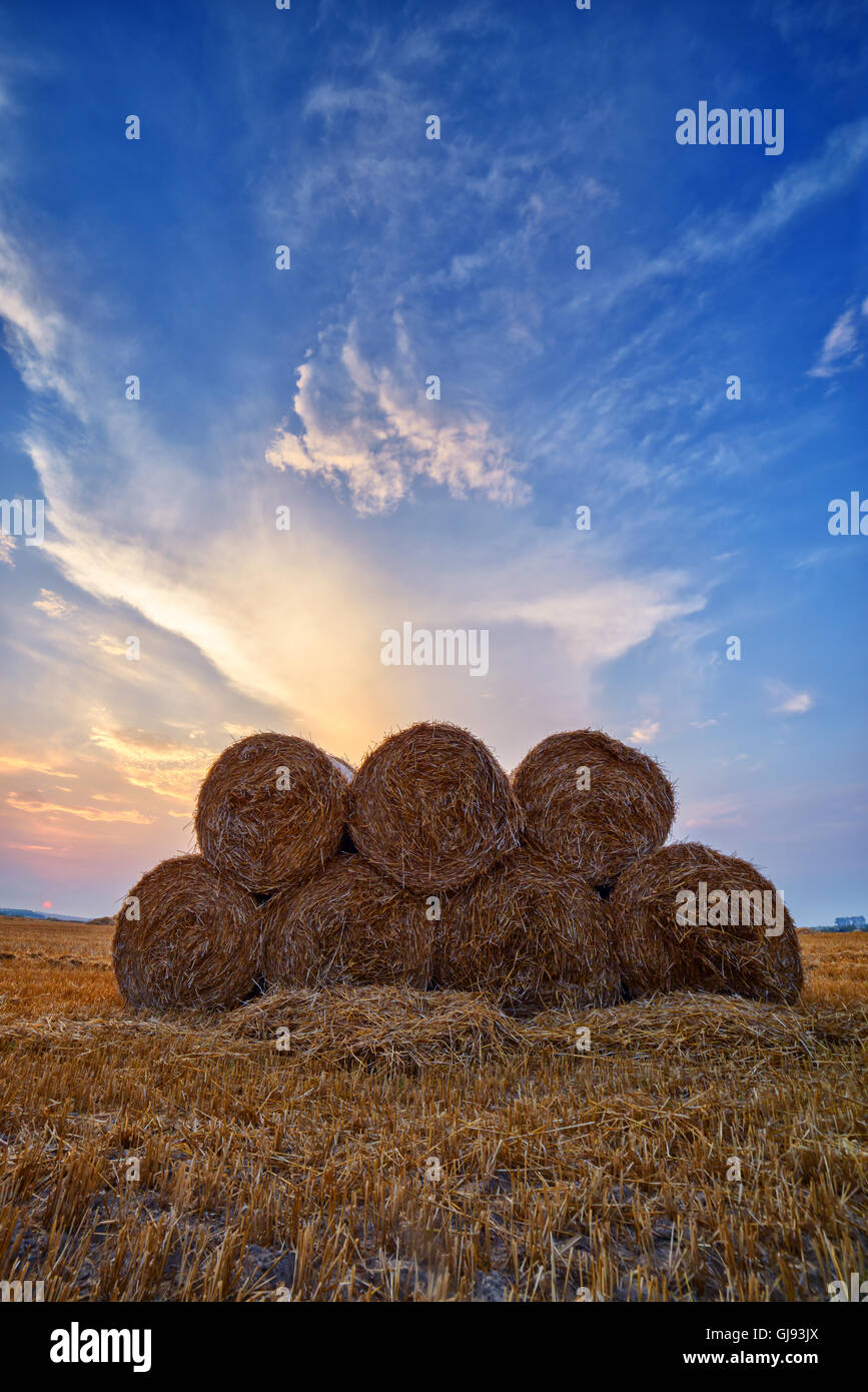 Erstaunliche Ländliches Motiv auf Herbst Feld mit Stroh Rollen und dramatische Abendlicht. Stockfoto