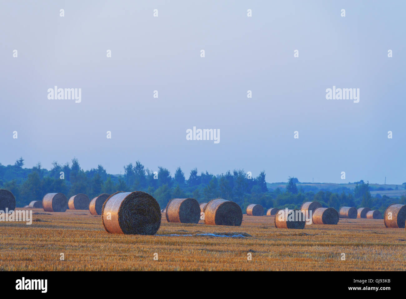 Erstaunliche Ländliches Motiv auf Herbst Feld mit Stroh Rollen und dramatische Abendlicht. Stockfoto