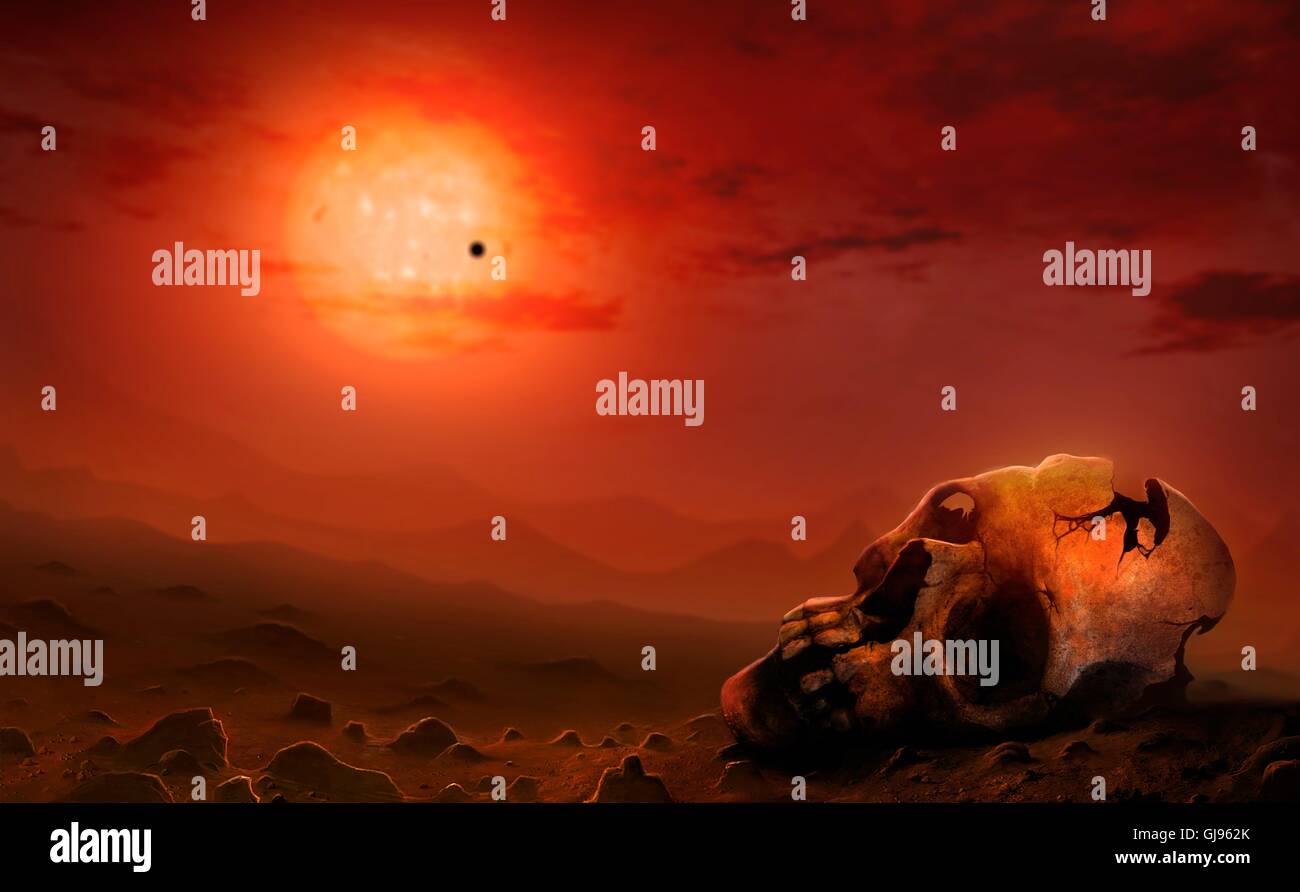 Abbildung zeigt das Ende des Lebens auf der Erde, nach die Sonne zu einem roten Riesen verwandelt sich. Ein menschlicher Schädel sieht man im Vordergrund, und der Mond Â €"in den Himmel weit kleiner als die Sonne Â €" ist Silhouette gegen den aufgeblähten Star gesehen. Stockfoto