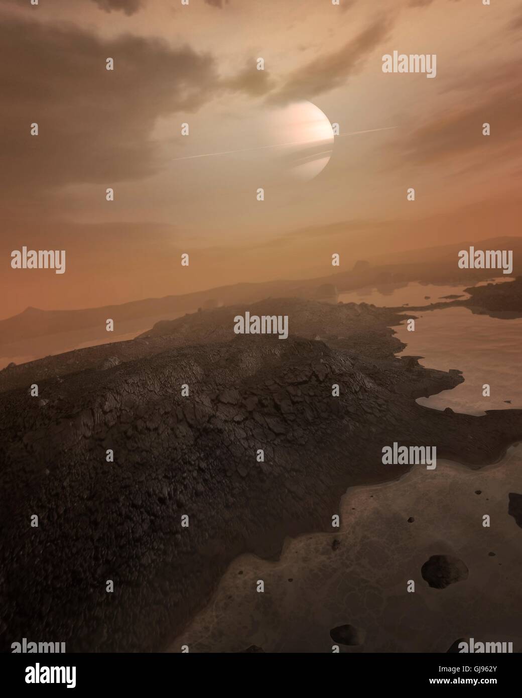 Oberflache Von Titan Computer Grafik Dies Ist Dem Grossten Saturnmond Und Der Einzige Mond Eine Planeten Atmosphare Haben Die Atmosphare Besteht Aus Stickstoff Und Organische Verbindungen Hauptsachlich Ethan Und Methan Die Ihm Seine Charakteristische