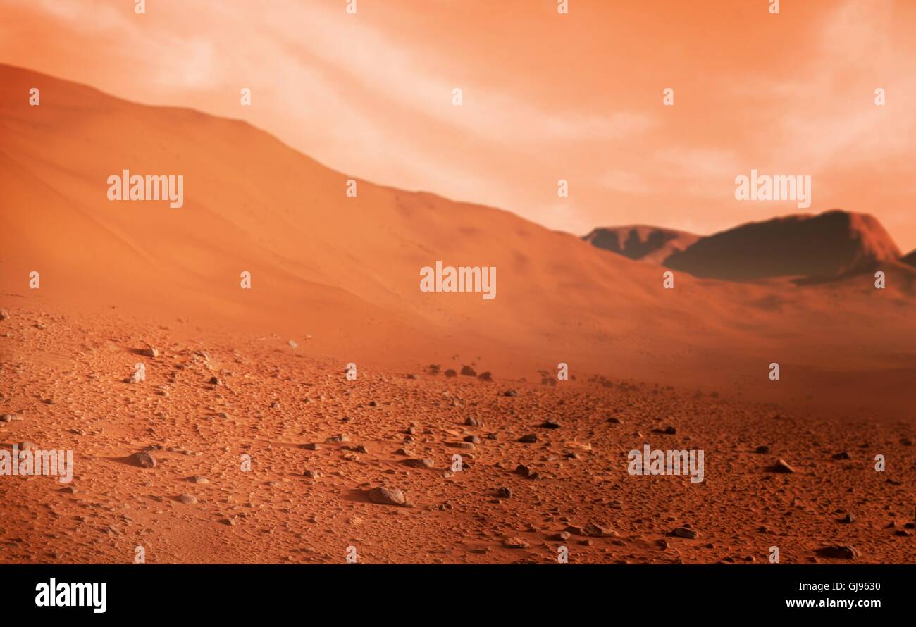 Oberfläche des Mars, Kunstwerk. Mars ist eine felsige Wüste Welt mit kein Oberflächenwasser, seine Landschaft versinnbildlicht durch Felsbrocken, Einschlagkrater, Sanddünen, Tafelbergen, Canyons und Erosion Funktionen aus Wind- und alten Wasser fließt oder Meere. Die Atmosphäre ist vor allem Kohlendioxid und Martian Oberflächentemperaturen sind auch unter den Gefrierpunkt. Mars hat einen Durchmesser rund die Hälfte der Erde und eine Oberfläche die Schwerkraft um ein Drittel, die der Erde. Es Bahnen der Sonne in einer Entfernung von rund 230 Millionen Kilometer. Stockfoto