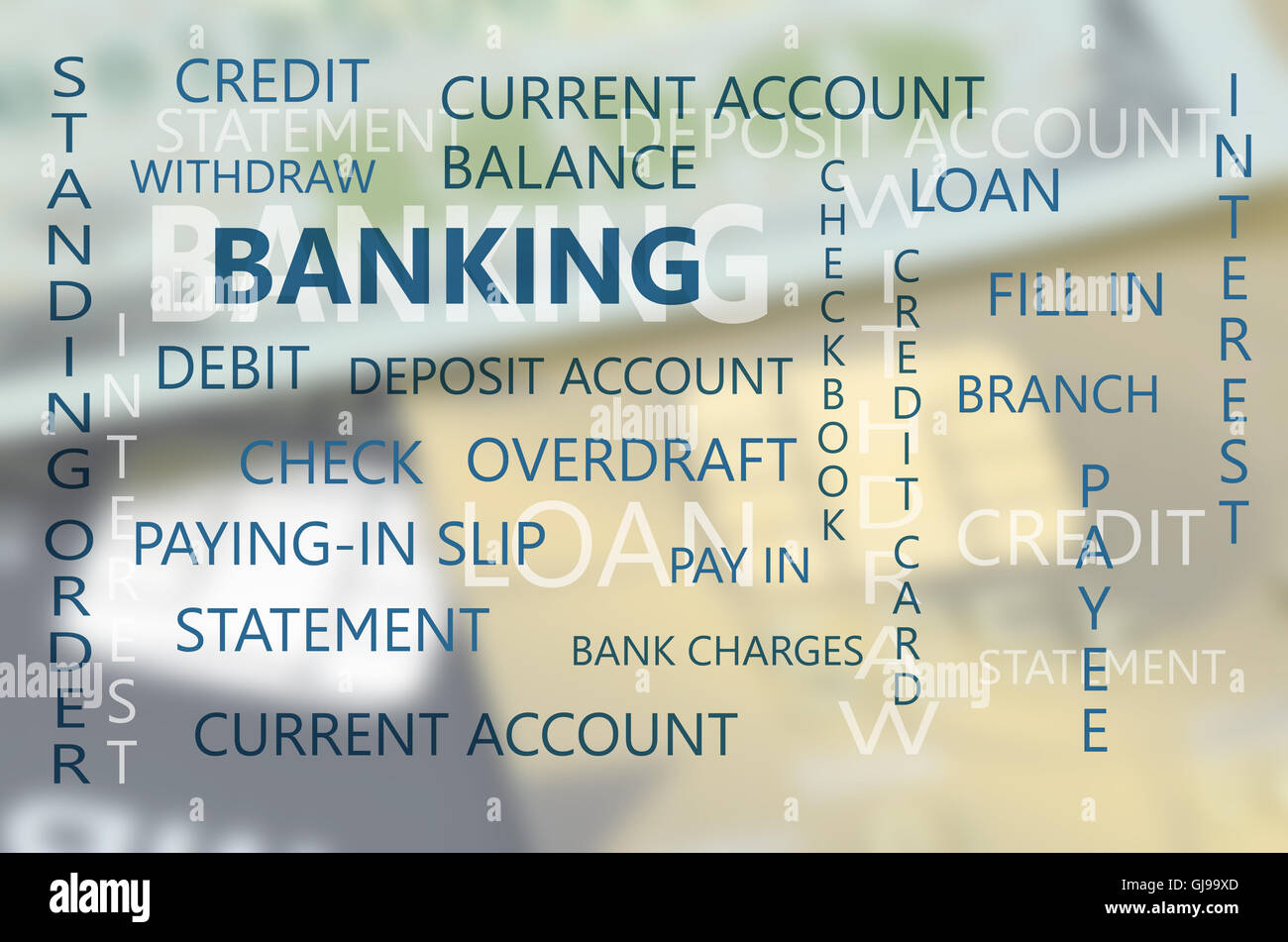 Banking Business wesentliche Hintergrund mit Dollar-Banknoten und Kreditkarten-Hintergrund. Stockfoto