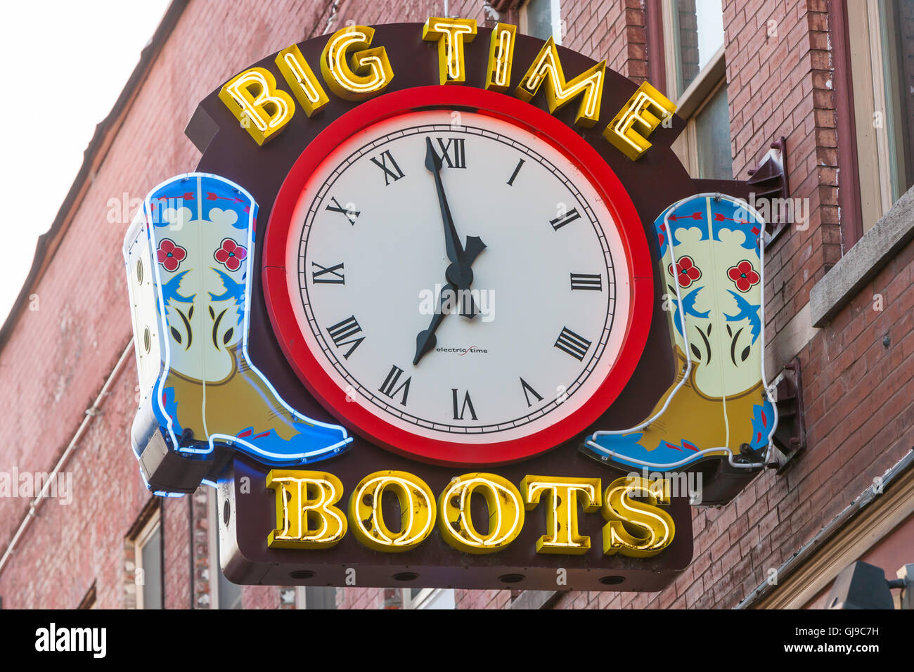 Leuchtreklame für Big Time Stiefel speichern in Nashville, Tennessee. Stockfoto