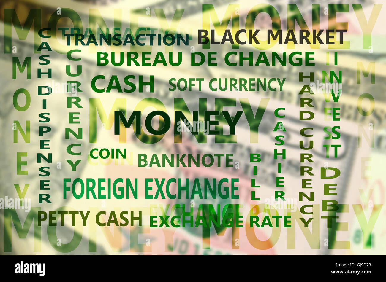 Wesentliche finanzielle Begriff Kulisse mit Dollar Banknote Karte Hintergrund. Stockfoto