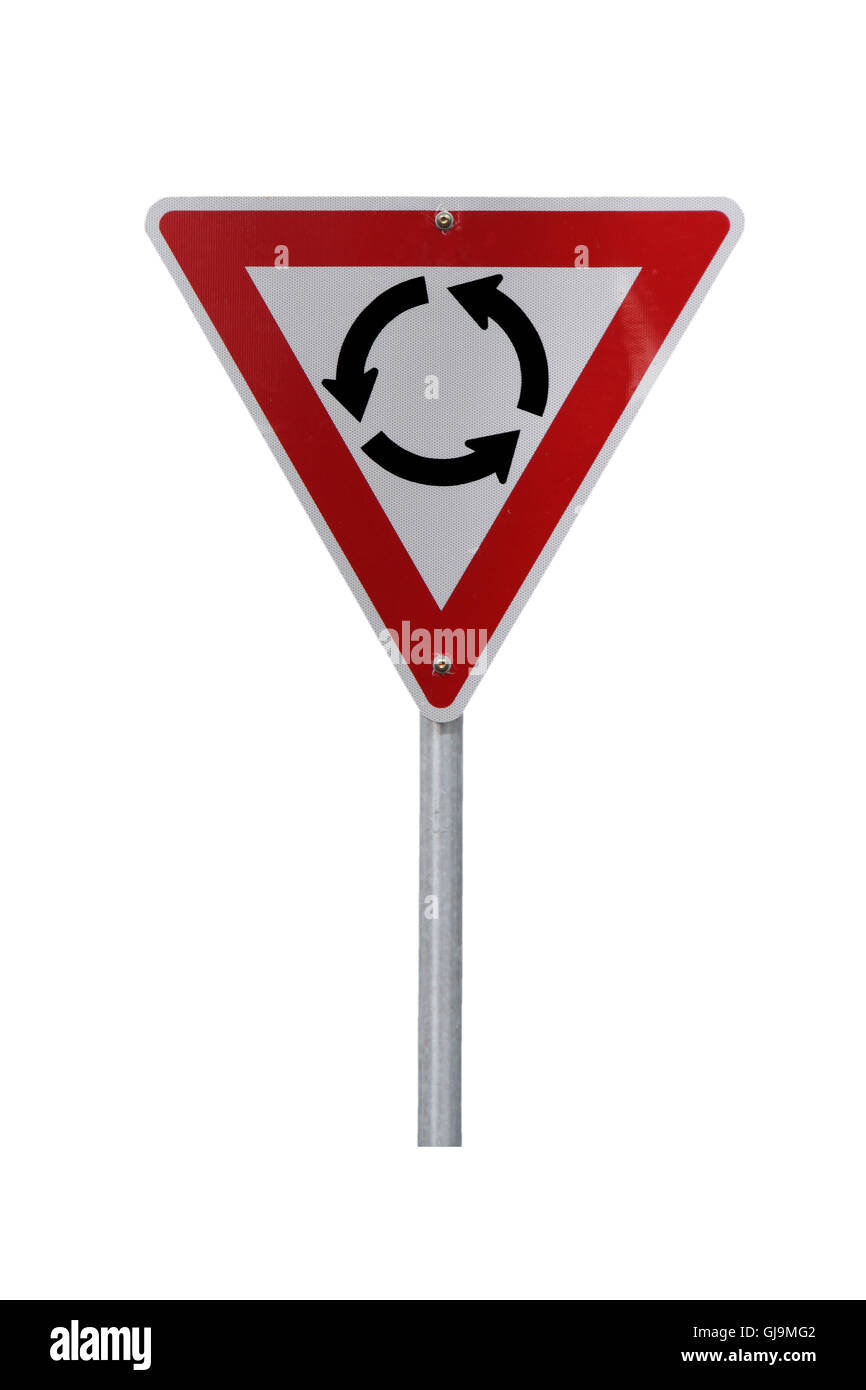 Isolierte Kreisverkehr Warnzeichen für den Rechtsverkehr Stockfoto