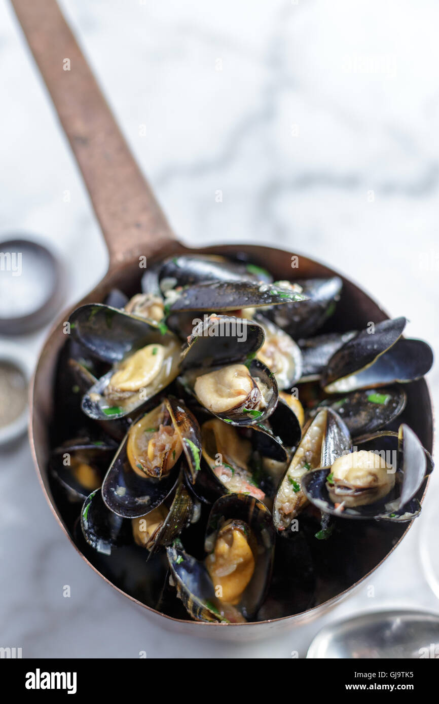 Moules Mariniere Muscheln für das Mittagessen Stockfoto