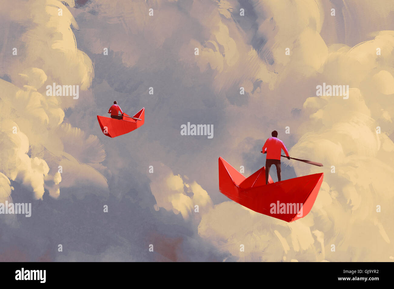 Männer auf roten Origami Papier Boote unterwegs in den bewölkten Himmel, Illustration, Malerei Stockfoto