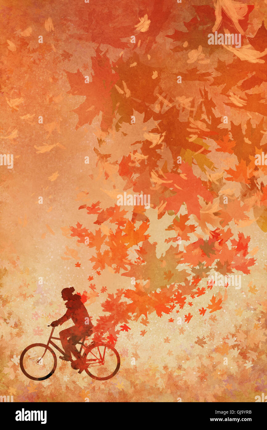 Silhouette der Mann mit dem Fahrrad mit fallenden Herbst Blätter auf Hintergrund, Illustration, Malerei Stockfoto