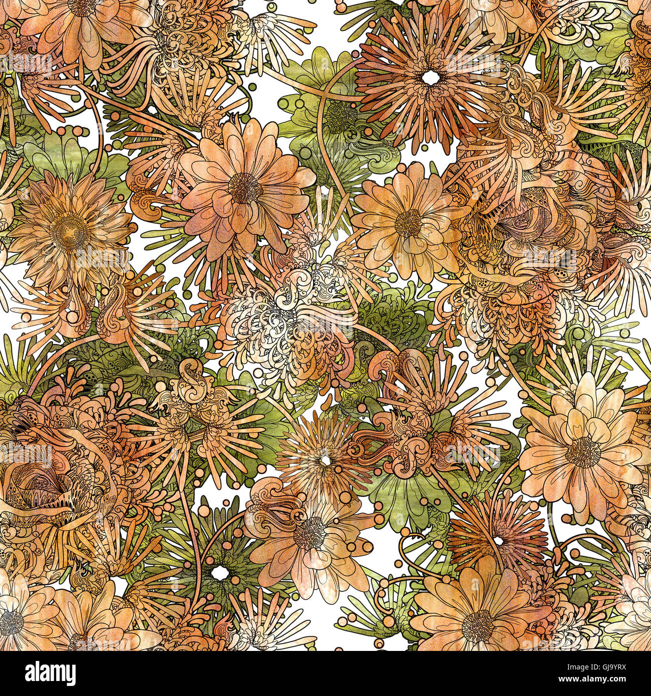 nahtlose Blumenmuster, schöne Wallpaper mit orangefarbenen und grünen Blumen, Aquarell Stockfoto