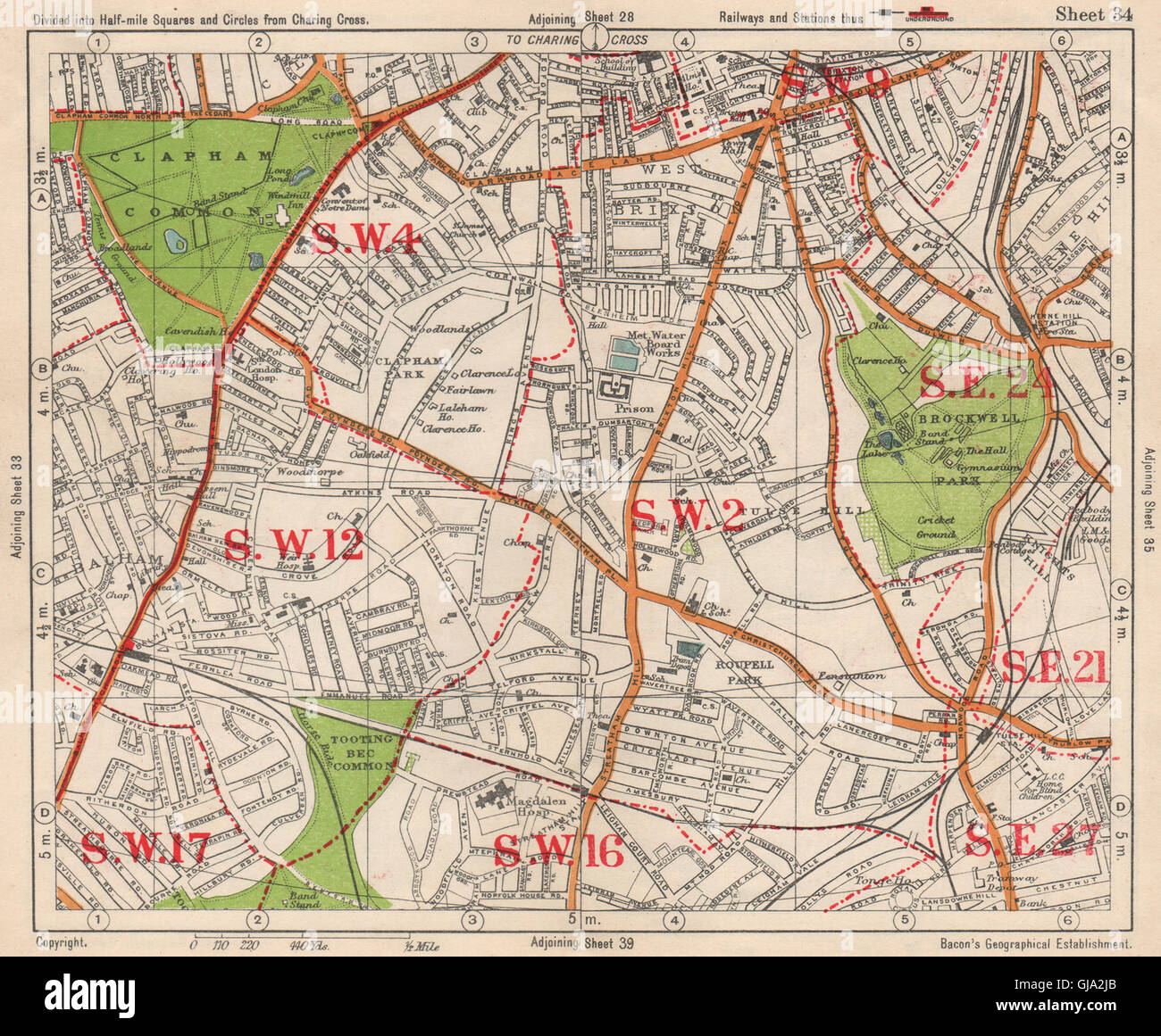 S LONDON. Brixton Clapham Balham Herne Hill Streatham Tusle Hill.BACON, 1938 Karte Stockfoto