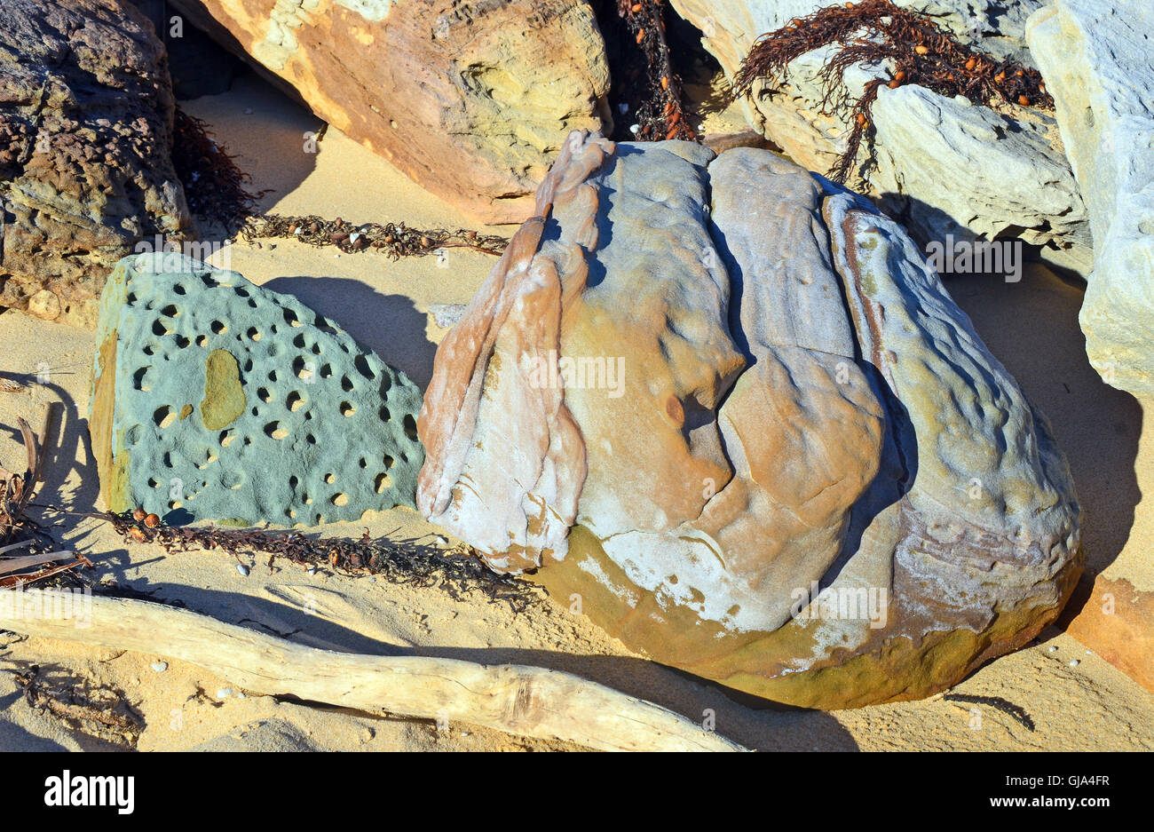 Formen, Farben und Mustern aus verwitterten Sydney (Hawkesbury) Sandstein geformt durch Wind und Wasser an der Küste von New South Wales Stockfoto