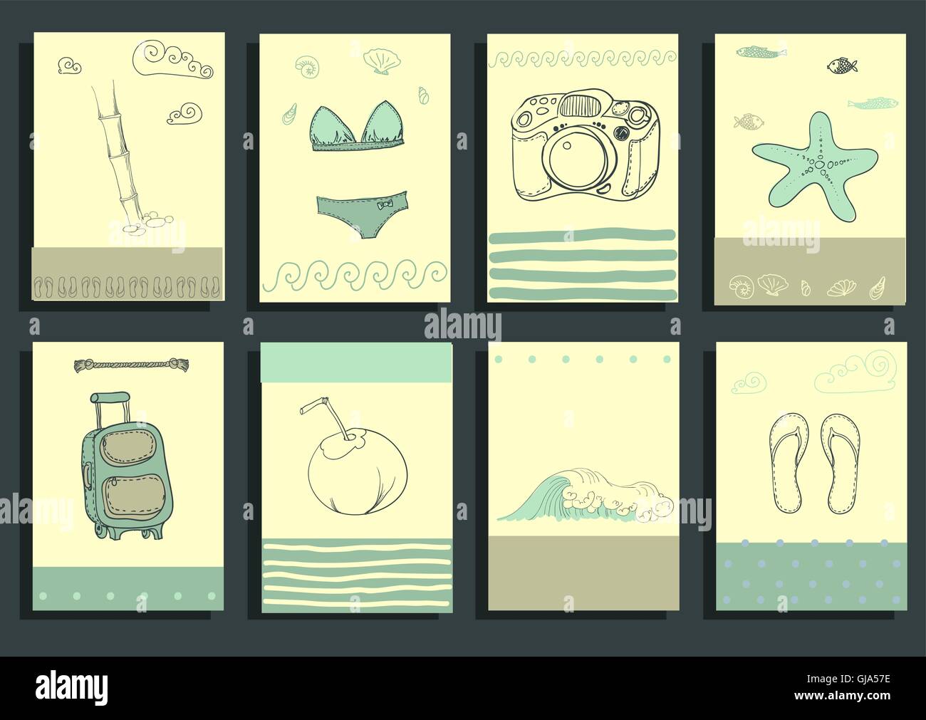 Gruß Kartensatz niedliche Retro-Meer-Objekte-Sammlung. Stock Vektor