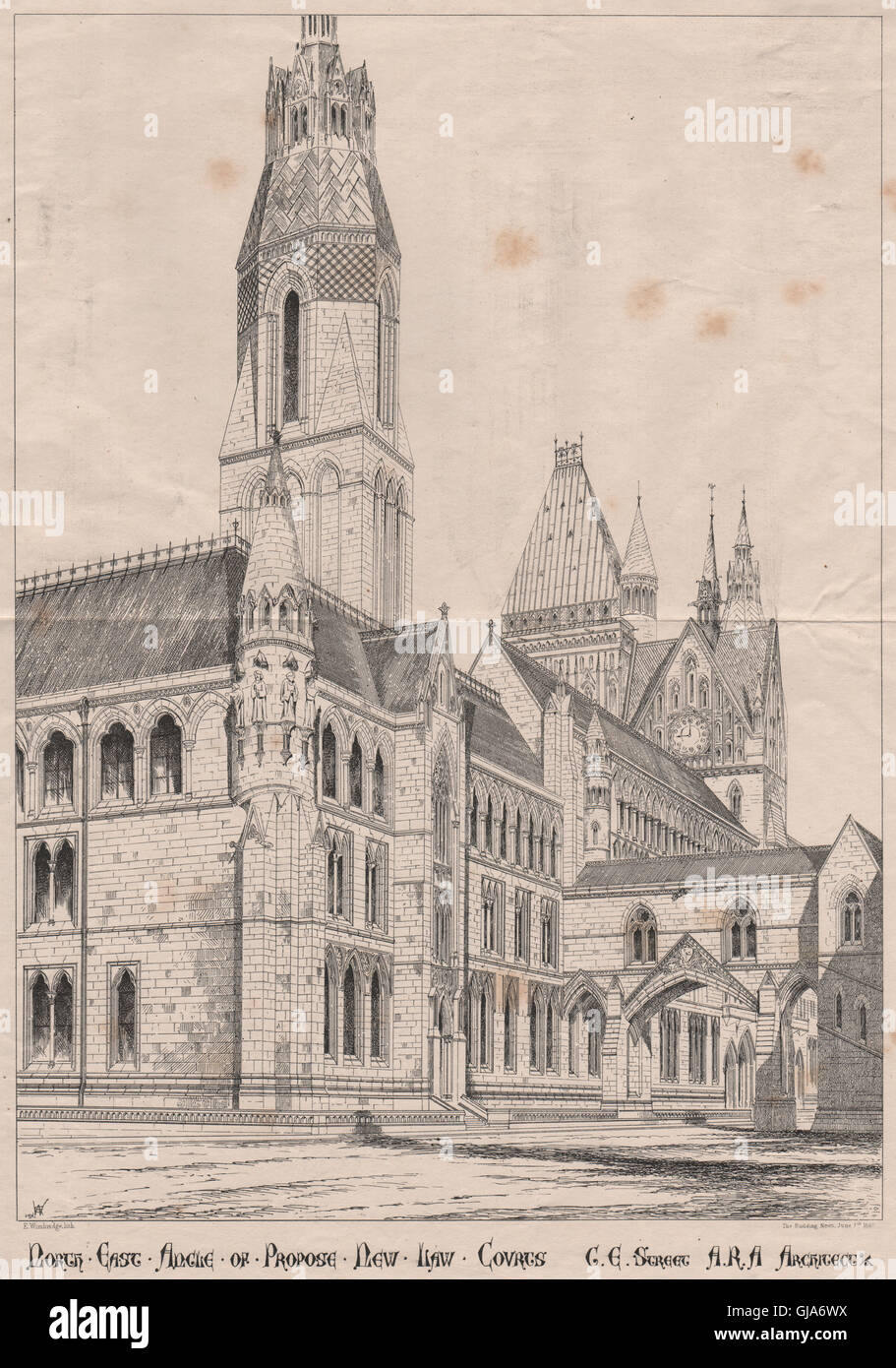 Vorgeschlagenen neuen Justizpalast; G.e. Straße A.R.A, Architekt, antique print 1867 Stockfoto