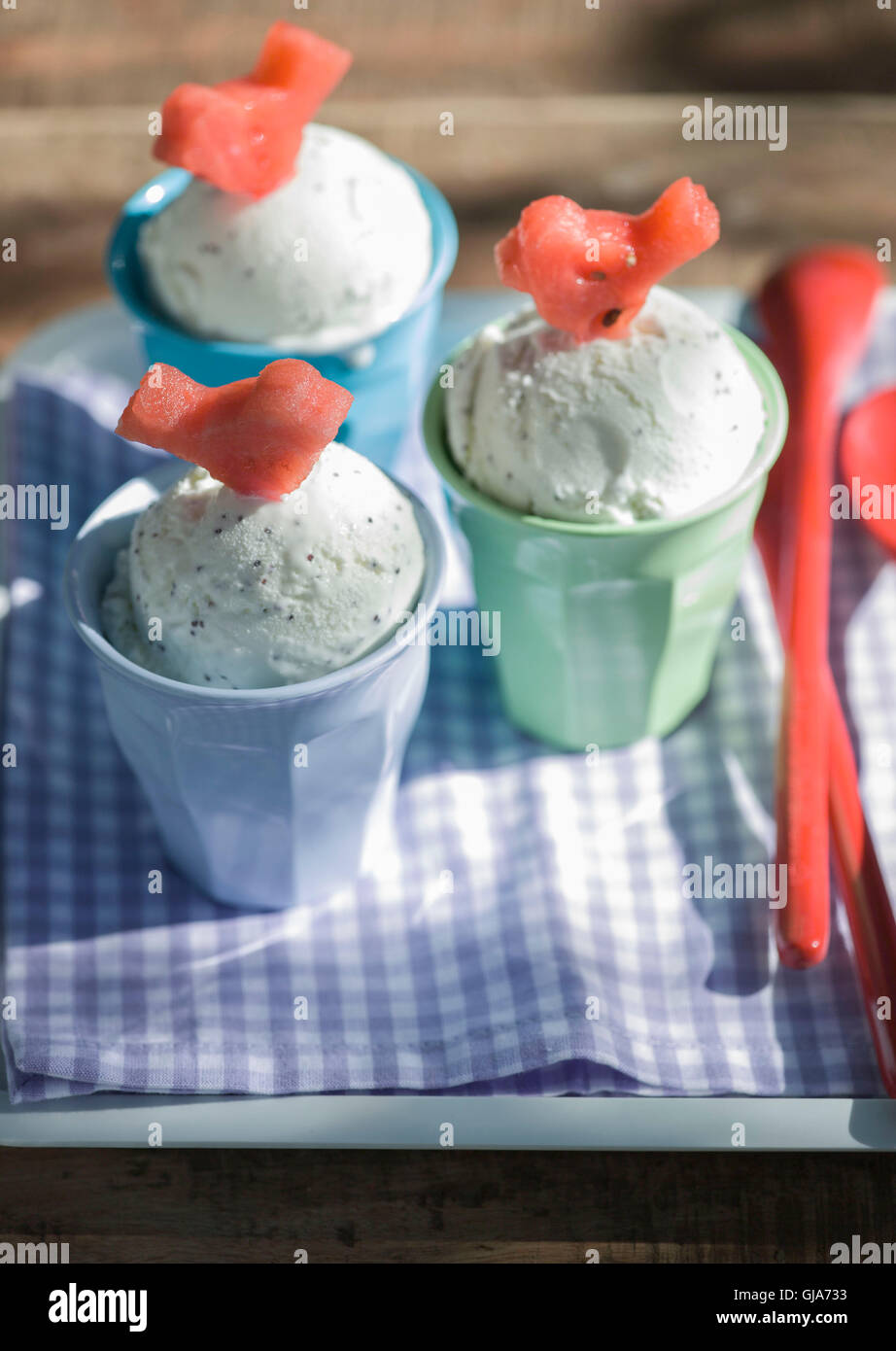Zimteis mit Wassermelonen gebildet wie Vögel Stockfoto