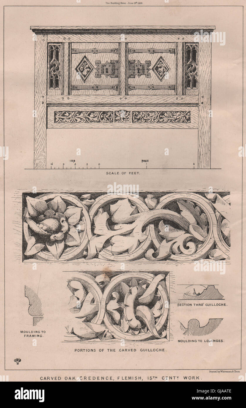 Geschnitzte Eiche glauben, Flämisch, 15. centy. arbeiten. Bäume, antike drucken 1868 Stockfoto