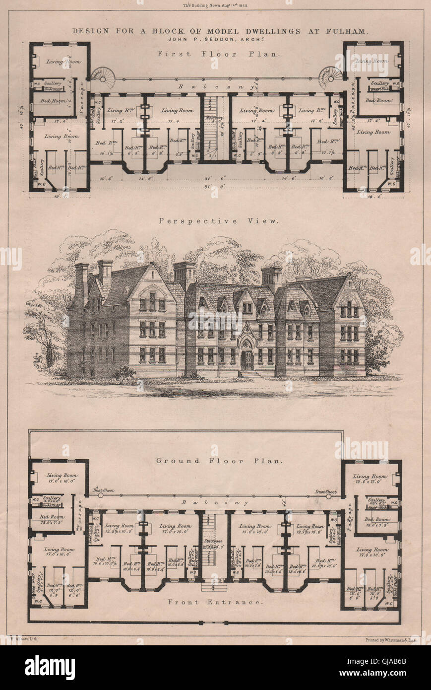 Entwurf für einen Block Modell Wohnungen bei Fulham; John P. Seddon, Architekt, 1868 Stockfoto