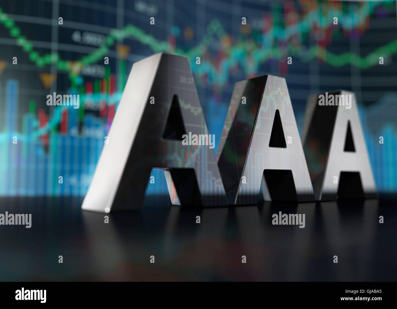 TripleA-3D Buchstaben vor finanziellen Grafik Stockfoto