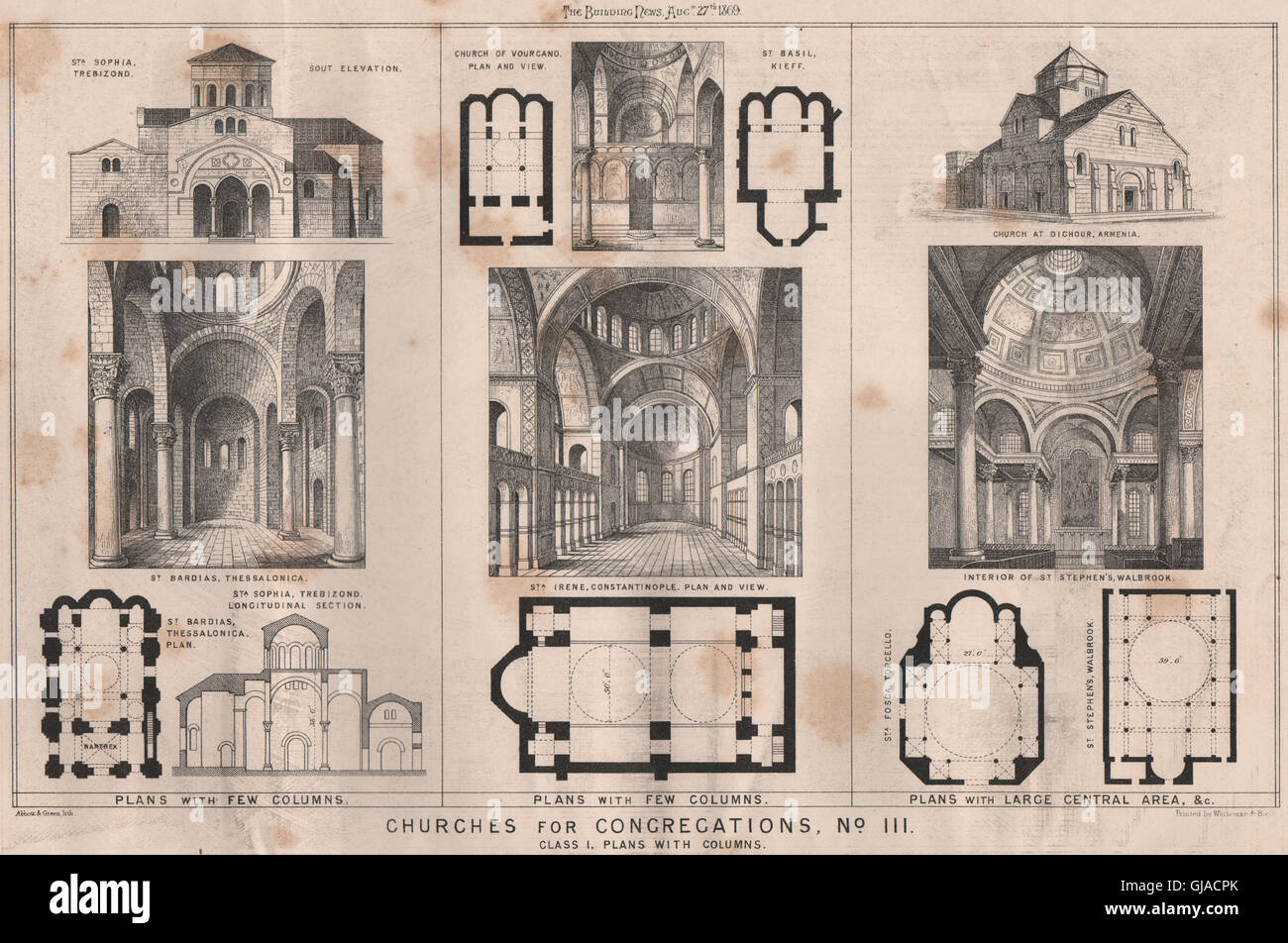 Kirchen, Gemeinden, Nr. III. Klasse I, Pläne mit Säulen, 1869 drucken Stockfoto