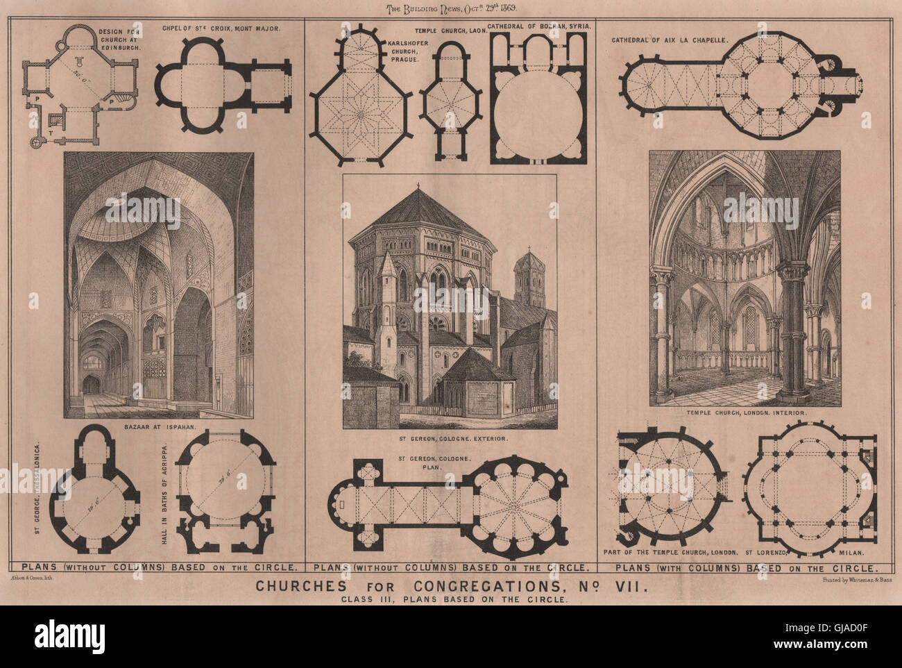 Kirchen, Gemeinden, Nr. VII. Klasse III, kreisförmige Pläne, alte print 1869 Stockfoto