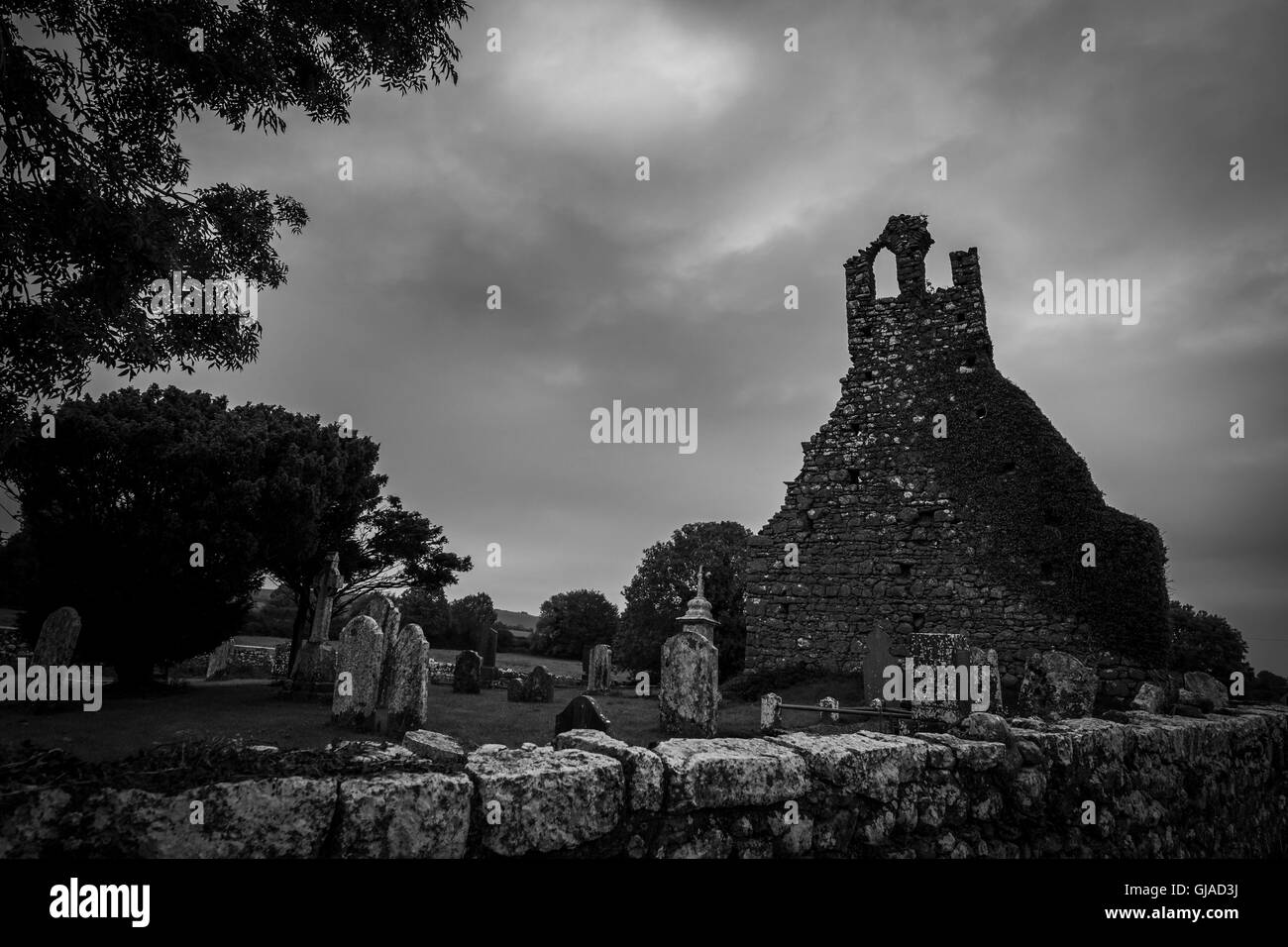 derelicted Kirche mit Friedhof, Irland Stockfoto