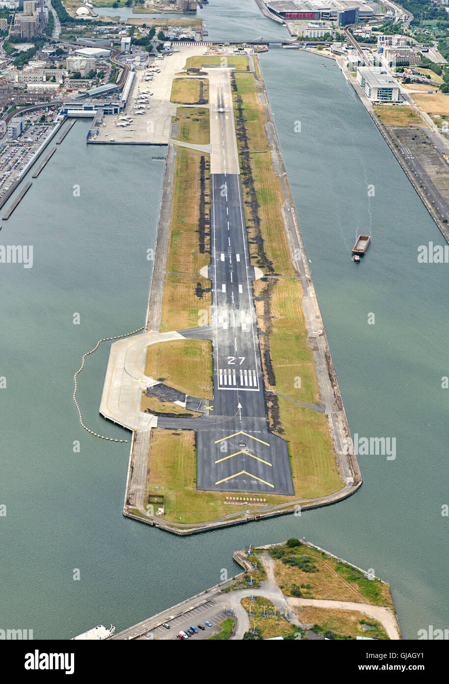 Piloten Auge Aussicht auf London City Airport, London, UK Stockfoto