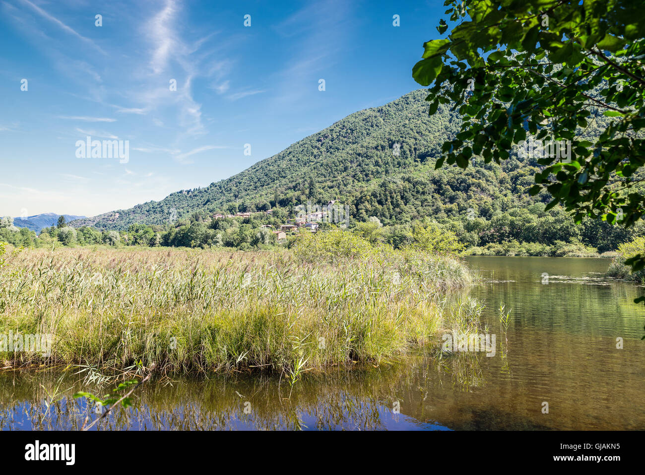 Blick auf das Naturschutzgebiet von Ganna und Dorf Ganna, Provinz Varese, Italien. Stockfoto