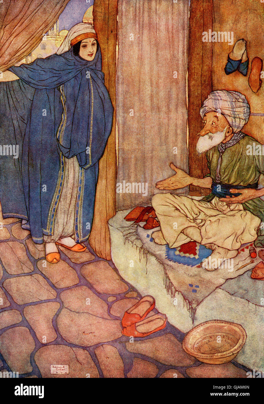 Mustapha zweifelte viel von seiner Fähigkeit, Fragen zu unterlassen. Illustration von Edmund Dulac für Ali Baba und die vierzig Räuber. Stockfoto