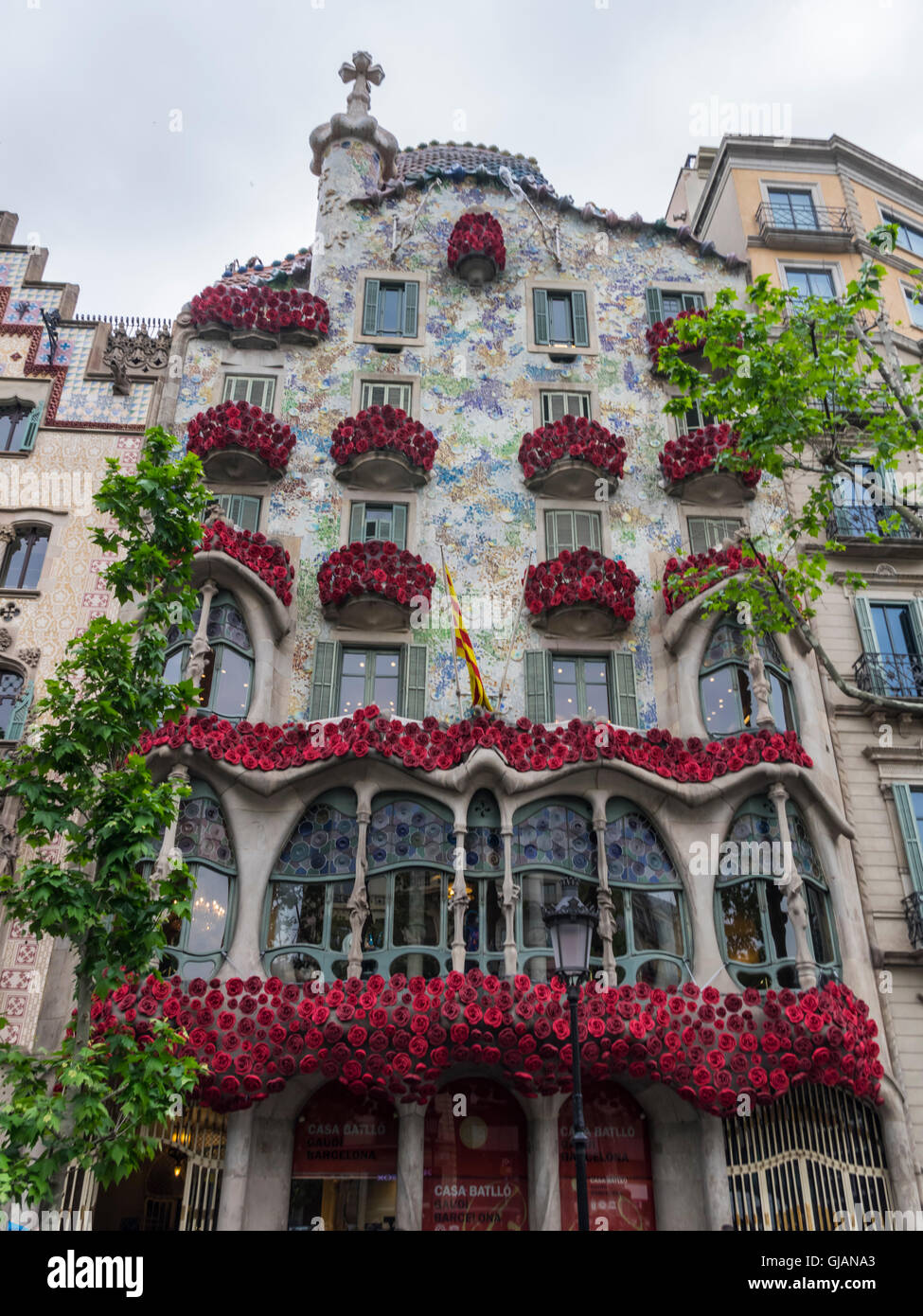Fassade der Casa Batlló von Antoni Gaudí. Balkonen verziert mit roten Rosen für Sant Jordi Tag (23. April). Barcelona, Spanien. Stockfoto