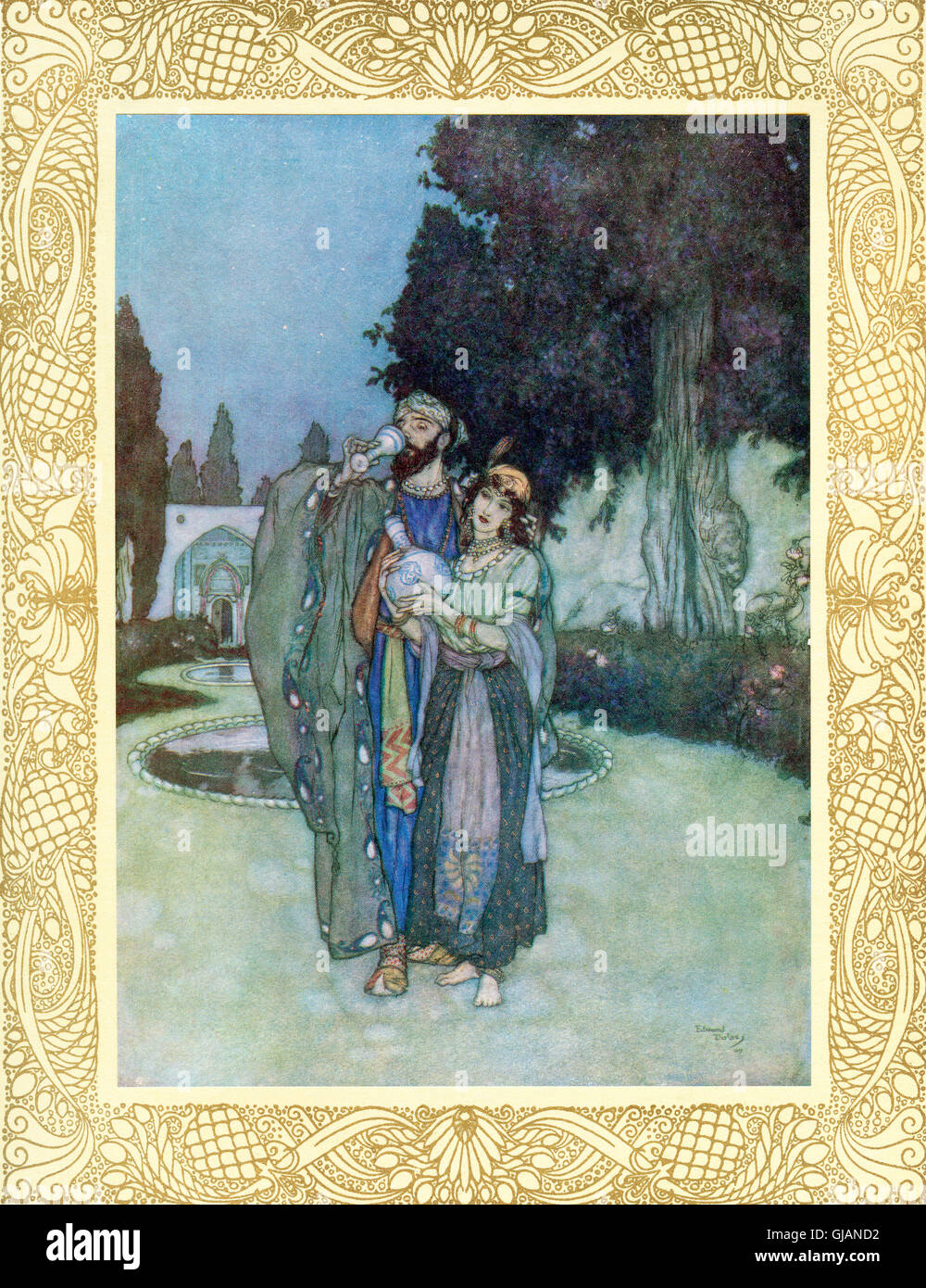 Oh, nicht mehr mit menschlichen oder göttlichen geplagt, bis morgen Gewirr an sich selbst zurücktreten und verlieren Ihre Finger in die locken die Cypress-schlanke Minister des Weins. Illustration von Edmund Dulac von Rubaiyat von Omar Khayyam, veröffentlicht 1909. Stockfoto