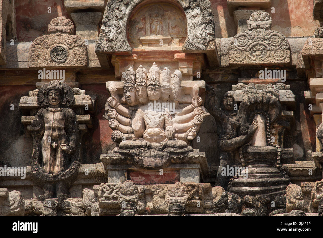 Geschnitzte Figuren in Airawateswarar Tempel, Tanjavur, Tamil Nadu, Indien Stockfoto