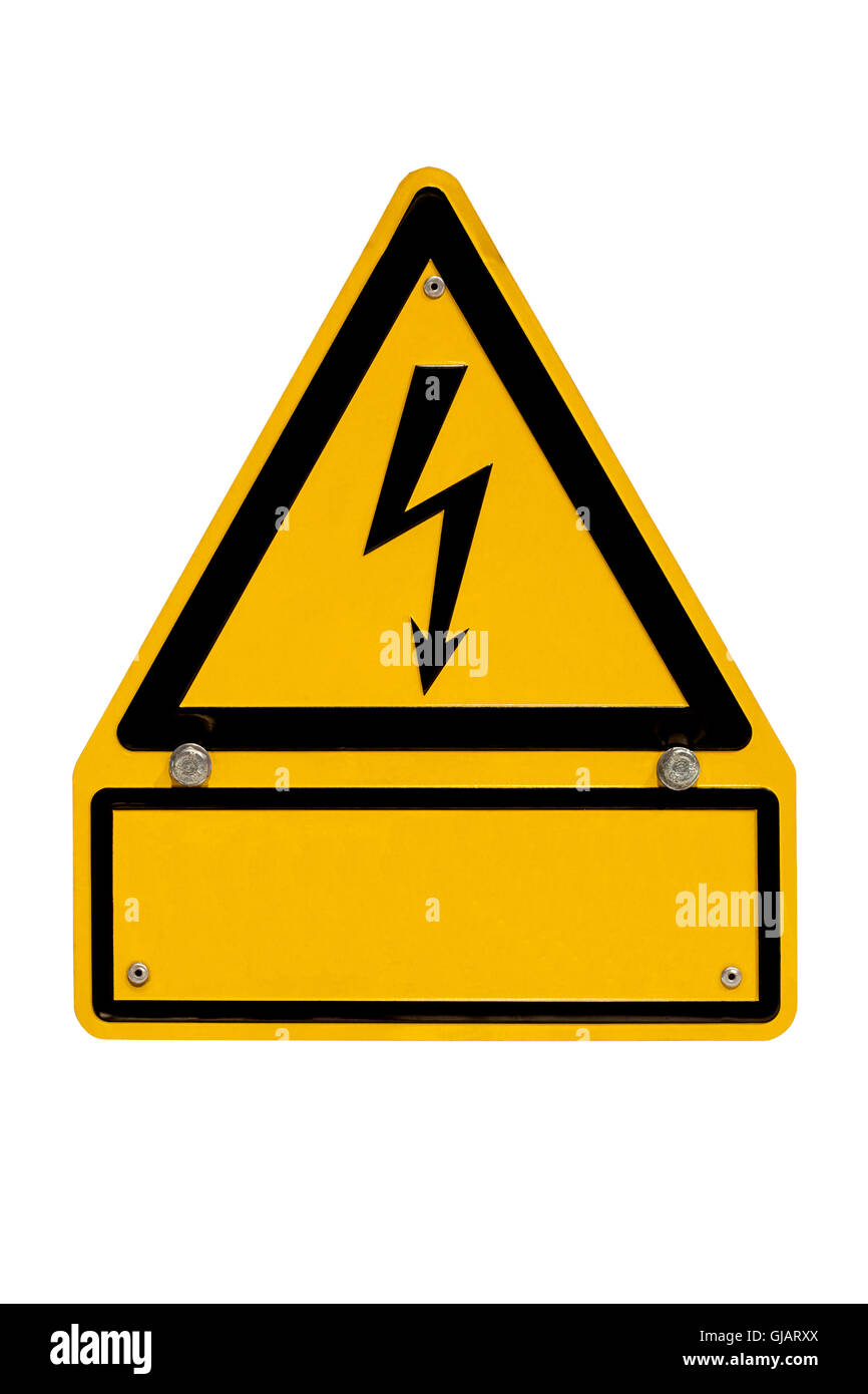 Hohe Spannung-Schild mit Exemplar auf weiß Stockfoto