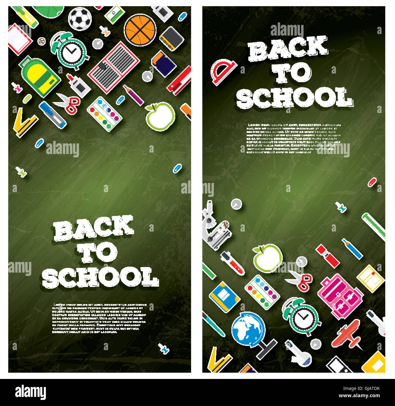 Zurück zu Schule-Banner-Set mit Schulmaterial. Vektor-Illustration. Bildungskonzept. Banner mit grünen Tafel Stock Vektor