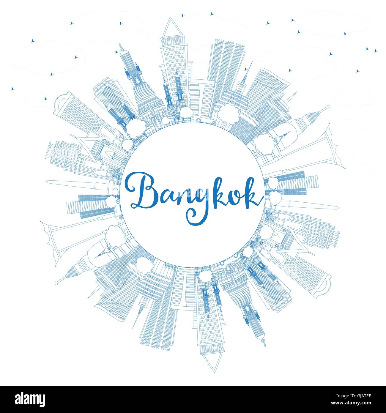 Umriss Bangkok Skyline mit blauen Wahrzeichen und Textfreiraum. Vektor-Illustration. Geschäftsreisen und Tourismus-Konzept Stock Vektor