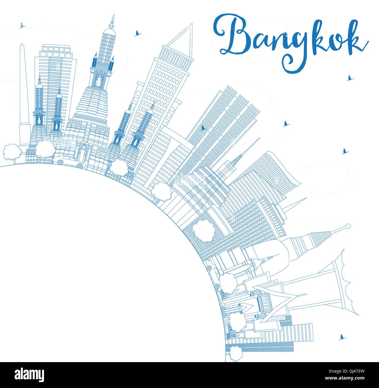 Umriss Bangkok Skyline mit blauen Wahrzeichen und Textfreiraum. Vektor-Illustration. Geschäftsreisen und Tourismus-Konzept Stock Vektor