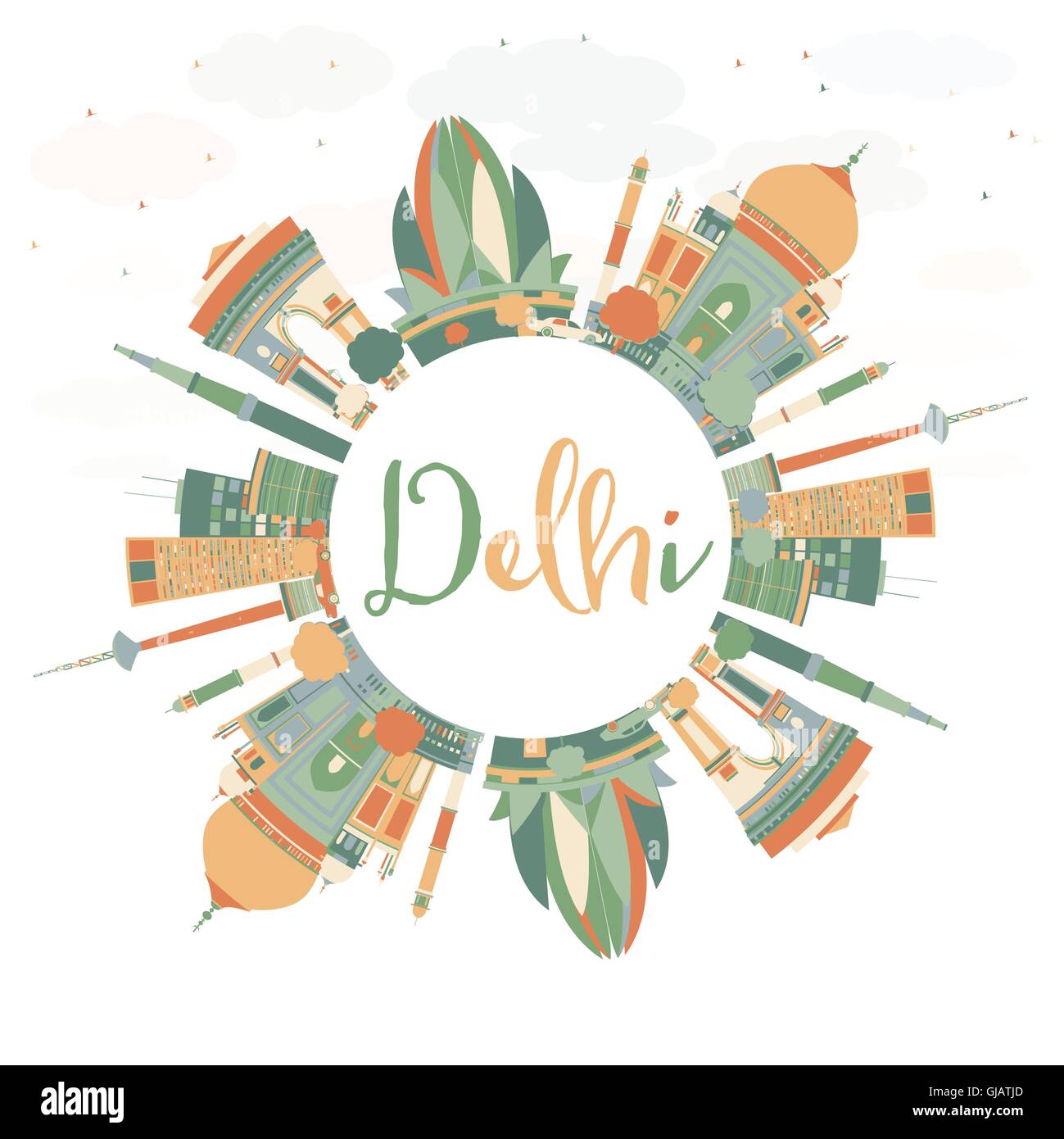 Abstrakte Delhi Skyline mit Farbe Wahrzeichen und Textfreiraum. Vektor-Illustration. Geschäftsreisen und Tourismus-Konzept Stock Vektor