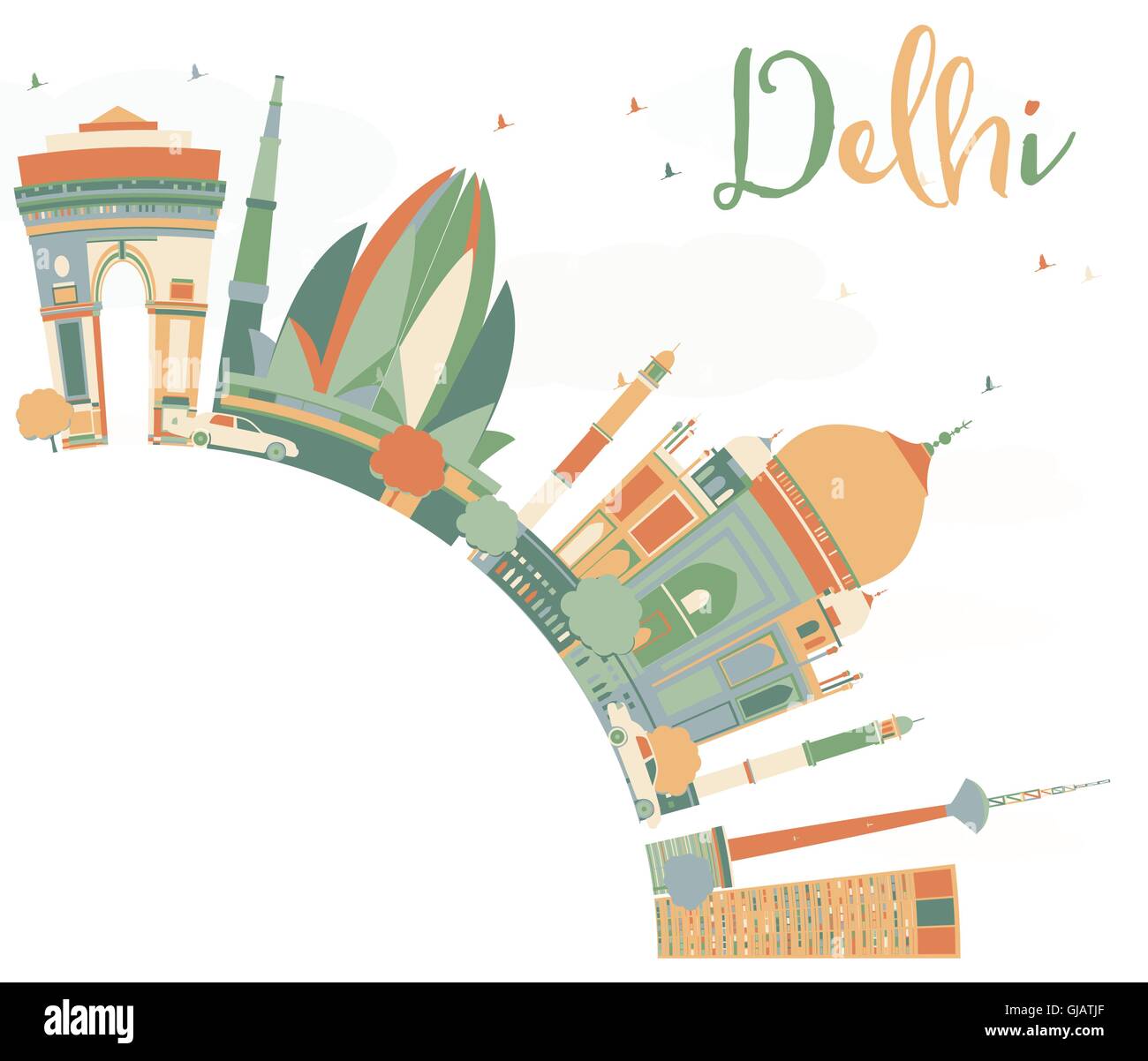 Abstrakte Delhi Skyline mit Farbe Wahrzeichen und Textfreiraum. Vektor-Illustration. Geschäftsreisen und Tourismus-Konzept Stock Vektor