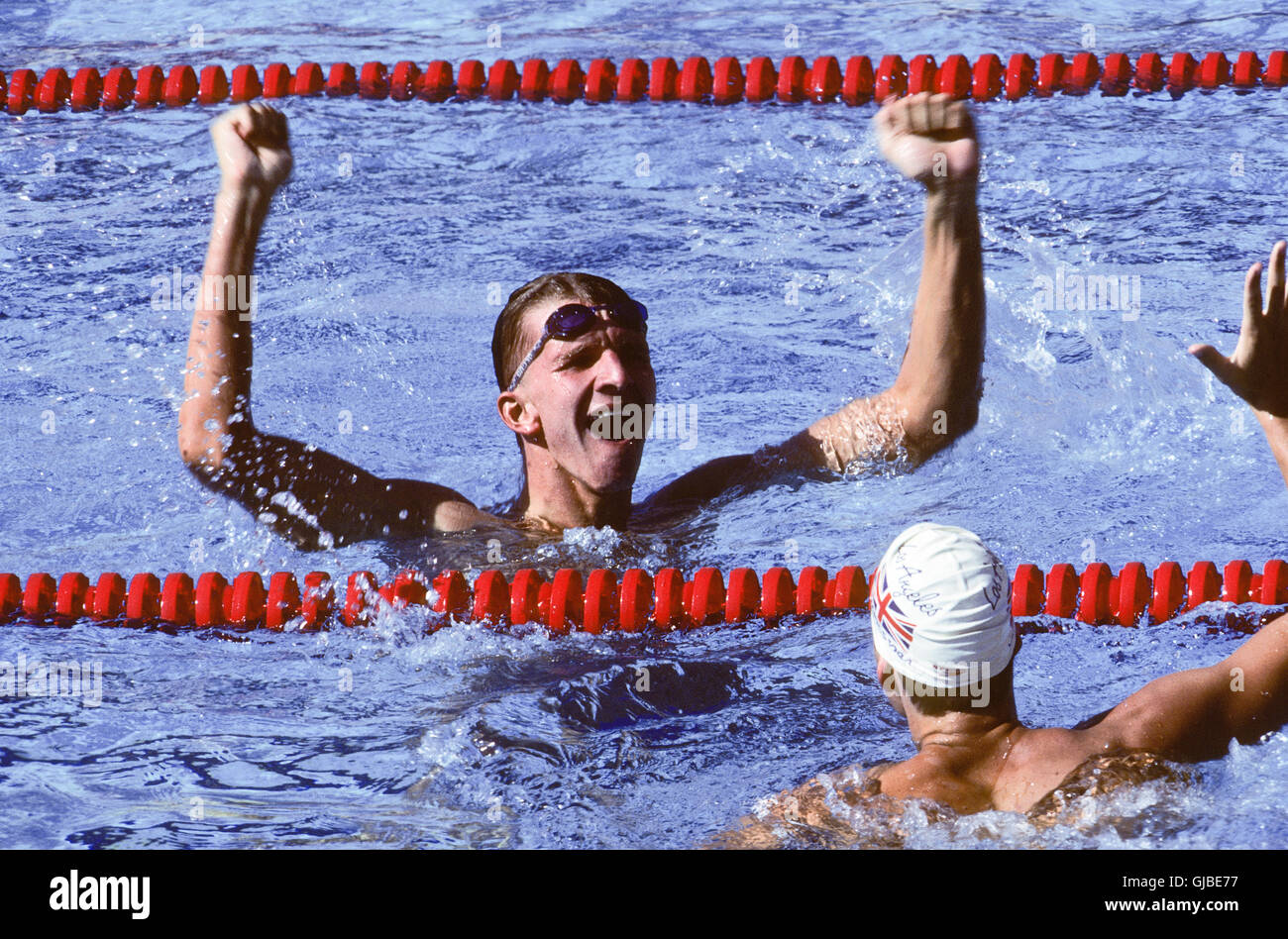 Kalifornien - Los Angeles - 1984 Olympischen Sommerspiele. Men es schwimmen. Michael Gross, Westdeutschland, 200m Freistil, Goldmedaille Stockfoto