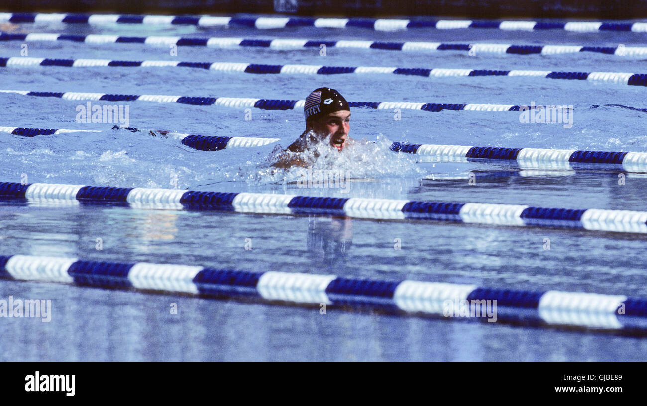 Kalifornien - Los Angeles - 1984 Olympischen Sommerspiele. Men es schwimmen. John Moffet, USA, 100m Brust Stockfoto