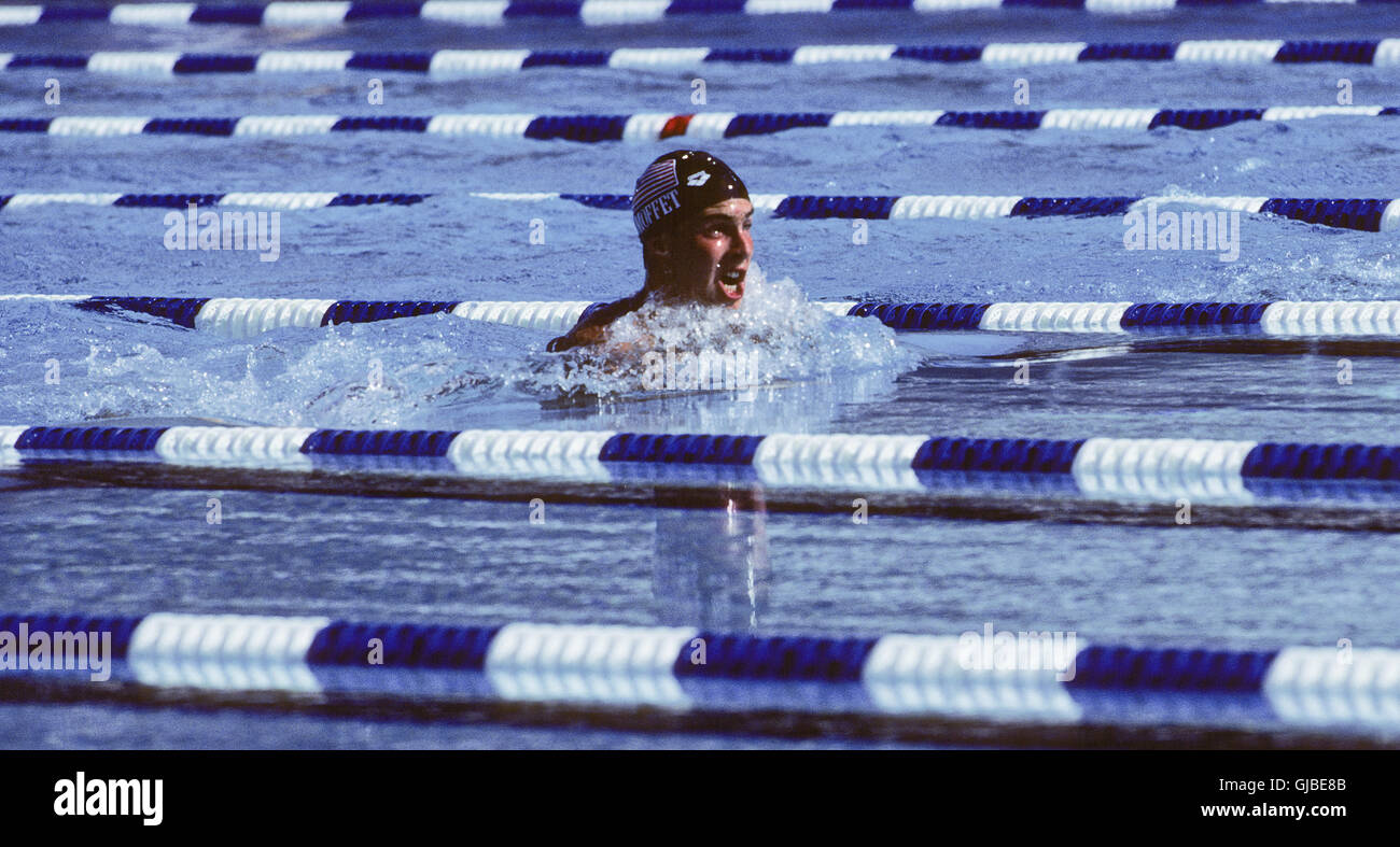 Kalifornien - Los Angeles - 1984 Olympischen Sommerspiele. Men es schwimmen. John Moffet, USA, 100m Brust Stockfoto