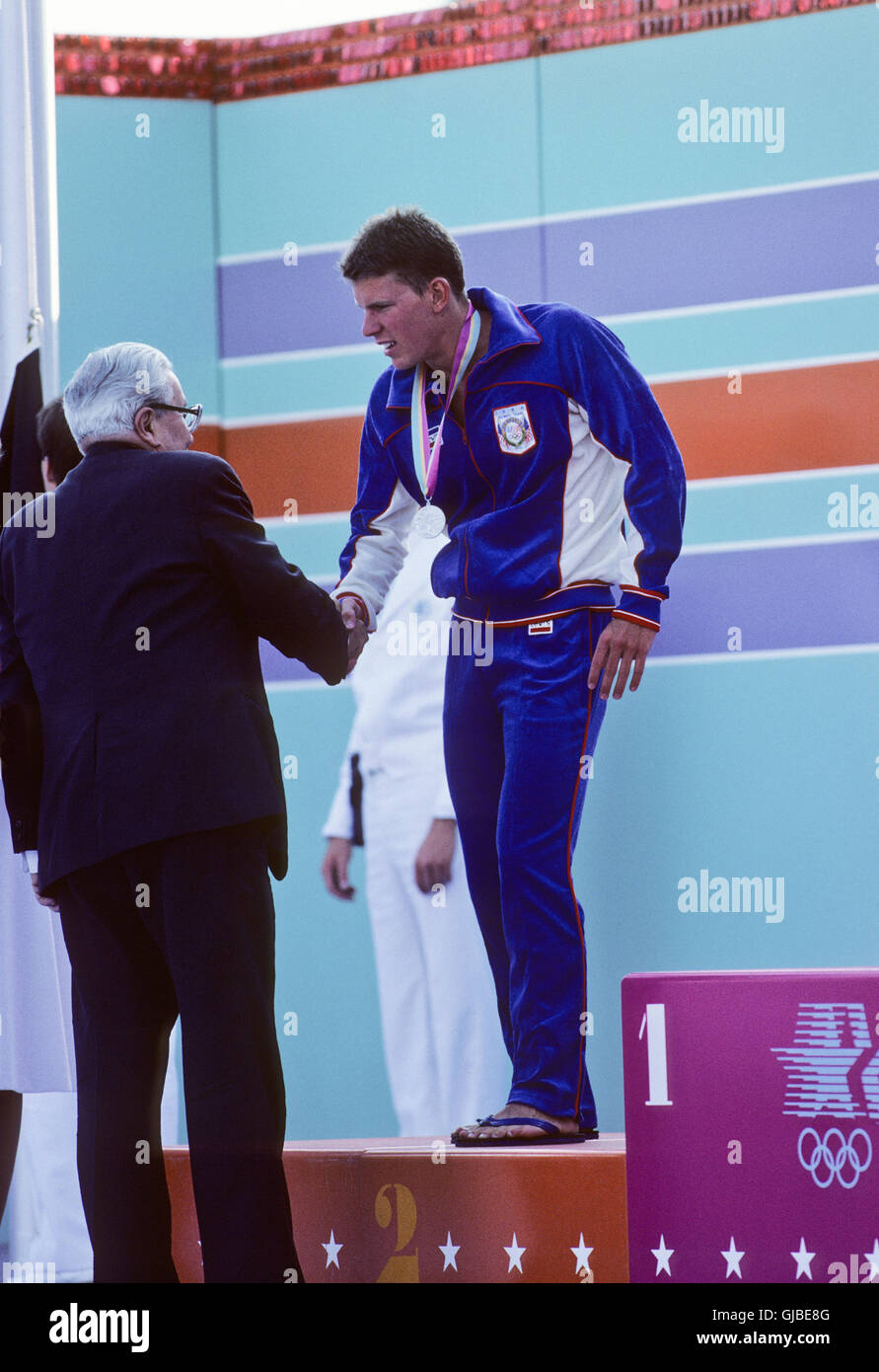 Kalifornien - Los Angeles - 1984 Olympischen Sommerspiele. Men es schwimmen. Michael Heath, USA, 200m Freistil, Silbermedaille Stockfoto