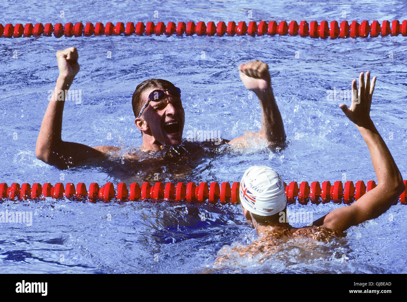 Kalifornien - Los Angeles - 1984 Olympischen Sommerspiele. Men es schwimmen. Michael Gross, Westdeutschland, 200m Freistil, Goldmedaille Stockfoto