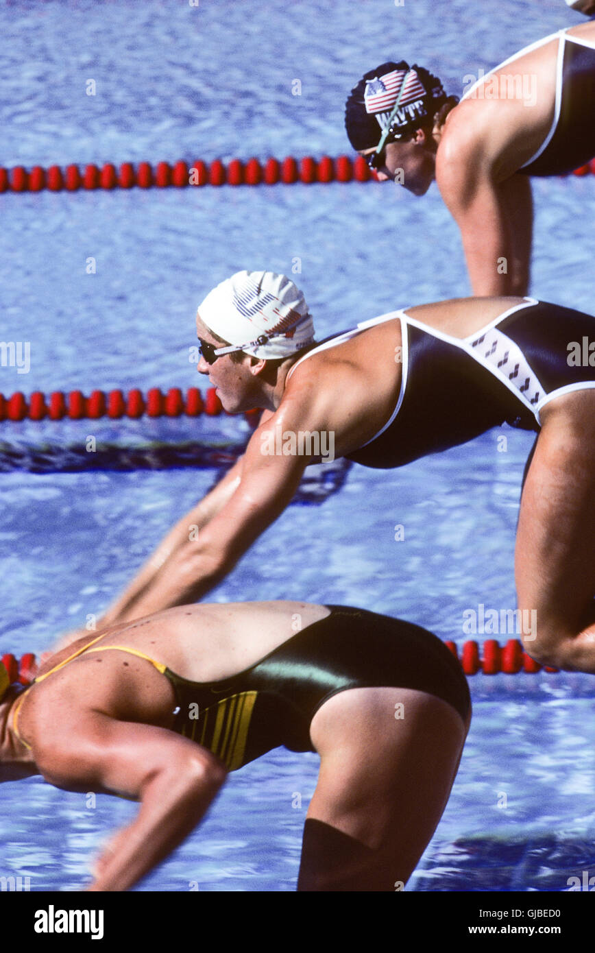 Kalifornien - Los Angeles - 1984 Olympischen Sommerspiele. Frauen schwimmen. Cynthia (Sippy) Woodhead, Mary Wayte, 200m Freistil Stockfoto