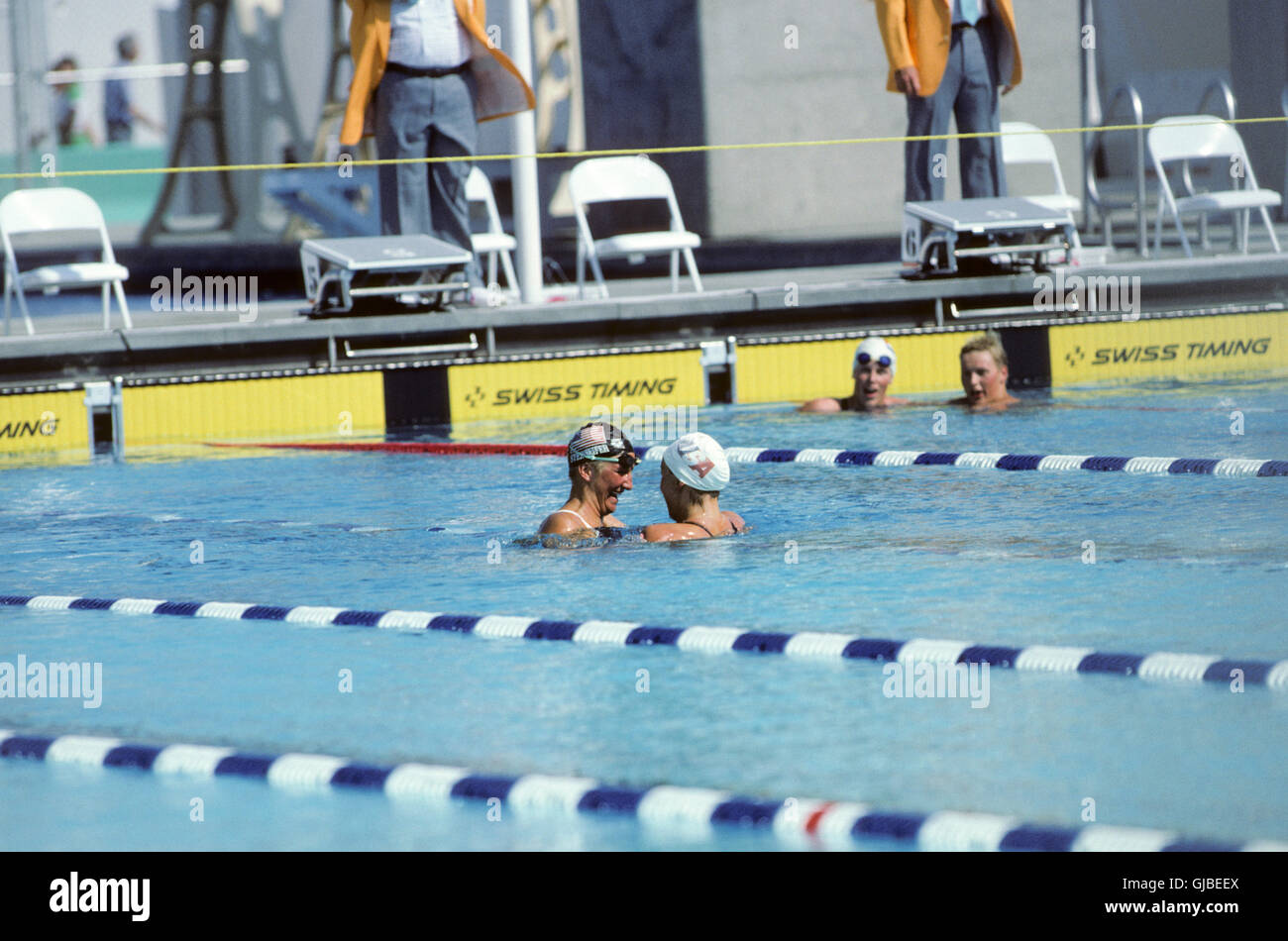 Kalifornien - Los Angeles - 1984 Olympischen Sommerspiele. USA Frauen schwimmen. Carrie Steinseifer, Nancy Hogshead, 100m Freistil Stockfoto