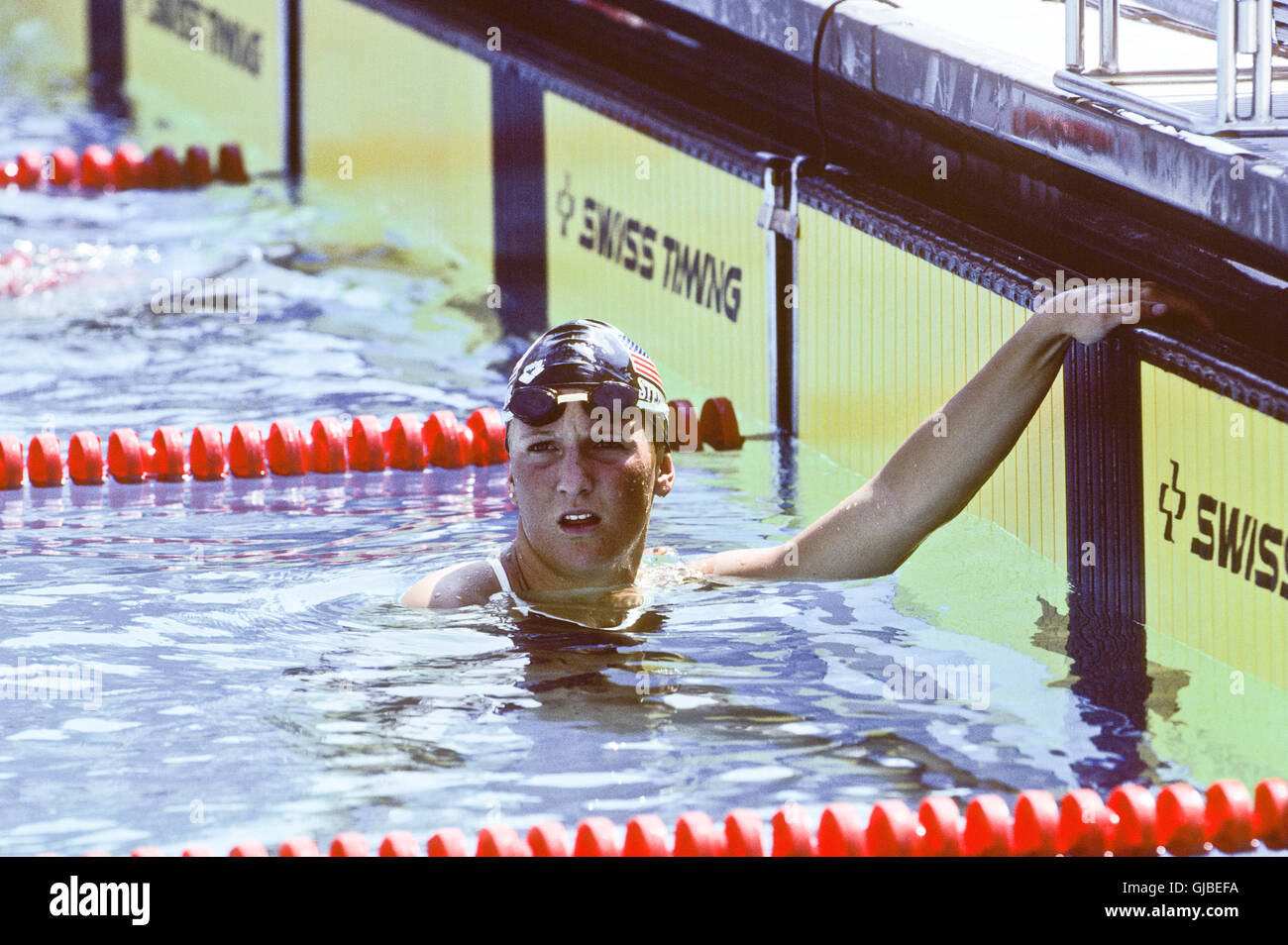 Kalifornien - Los Angeles - 1984 Olympischen Sommerspiele. USA Frauen schwimmen. Carrie Steinseifer, 100m Freistil, Sieger Stockfoto