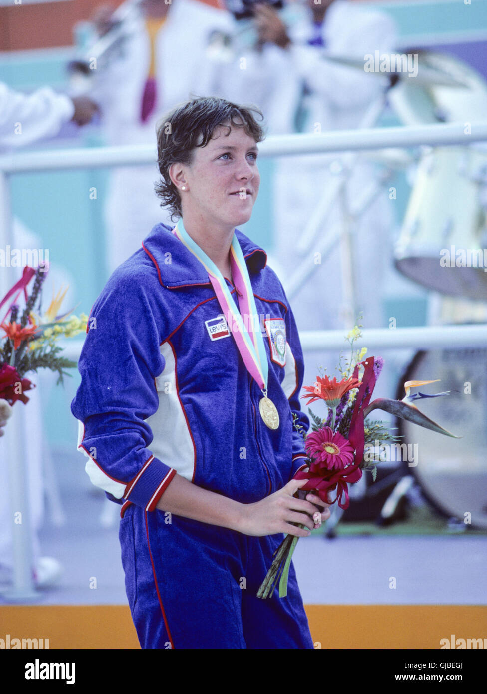 Kalifornien - Los Angeles - 1984 Olympischen Sommerspiele. USA Frauen schwimmen. Tracy Caulkins, 400m Indivdual lagen, Goldmedaille Stockfoto